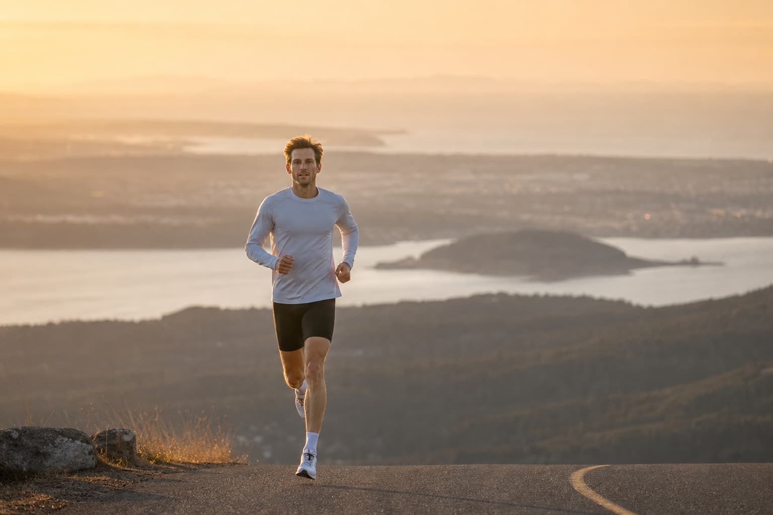 Runner cresting a hilltop road at sunrise with strong, confident form.