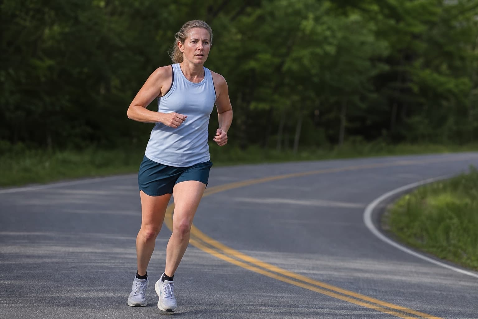 Runner leaning into a bend on a quiet road, holding controlled effort.
