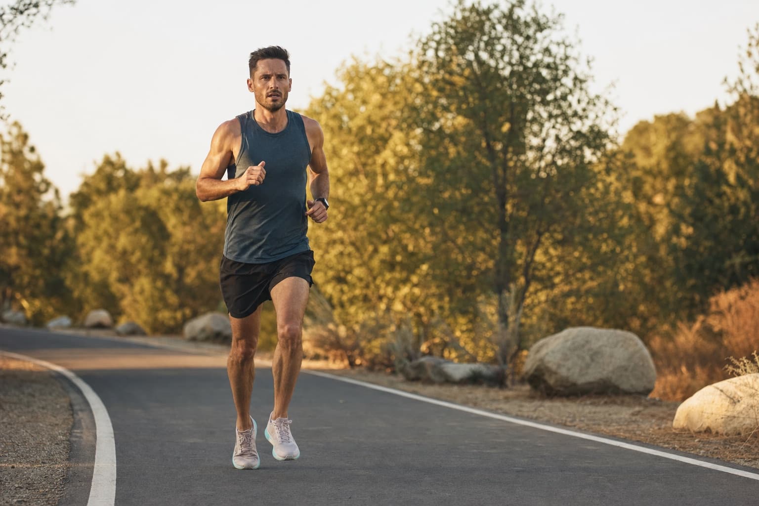 Runner on a comfortably hard tempo effort along a paved park path.