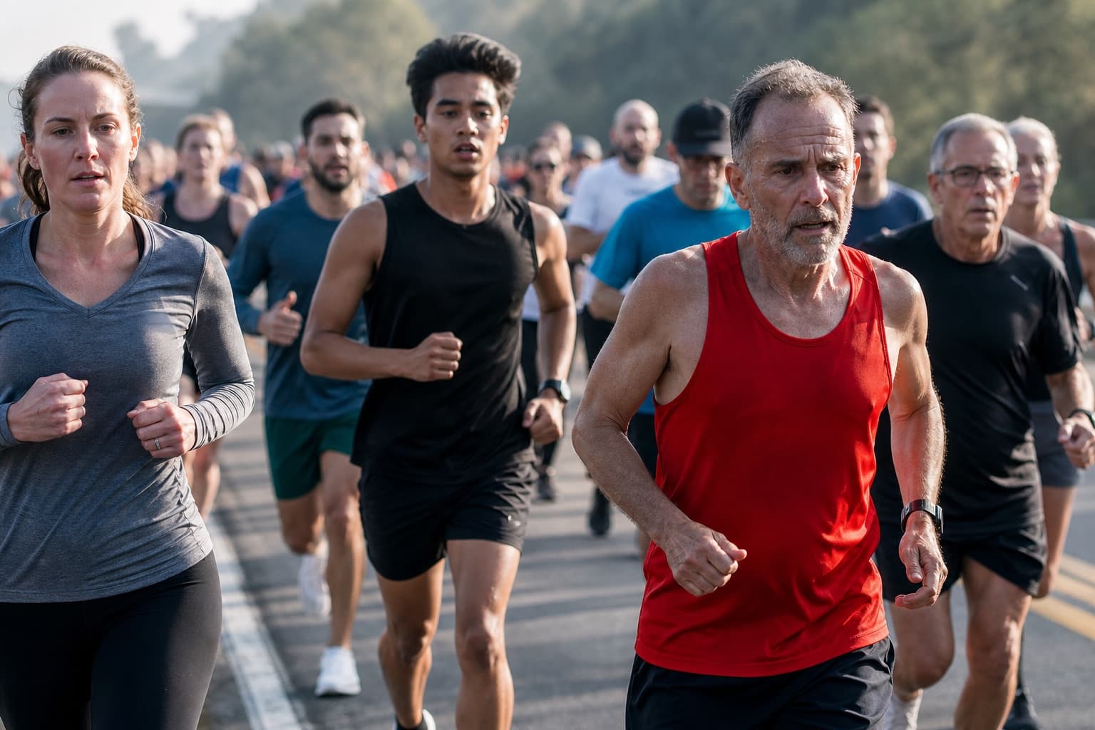 Runners of clearly different ages racing together on an open road.