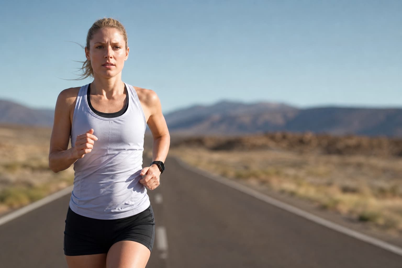 Runner wearing a wrist smartwatch during an outdoor run, screen unreadable.