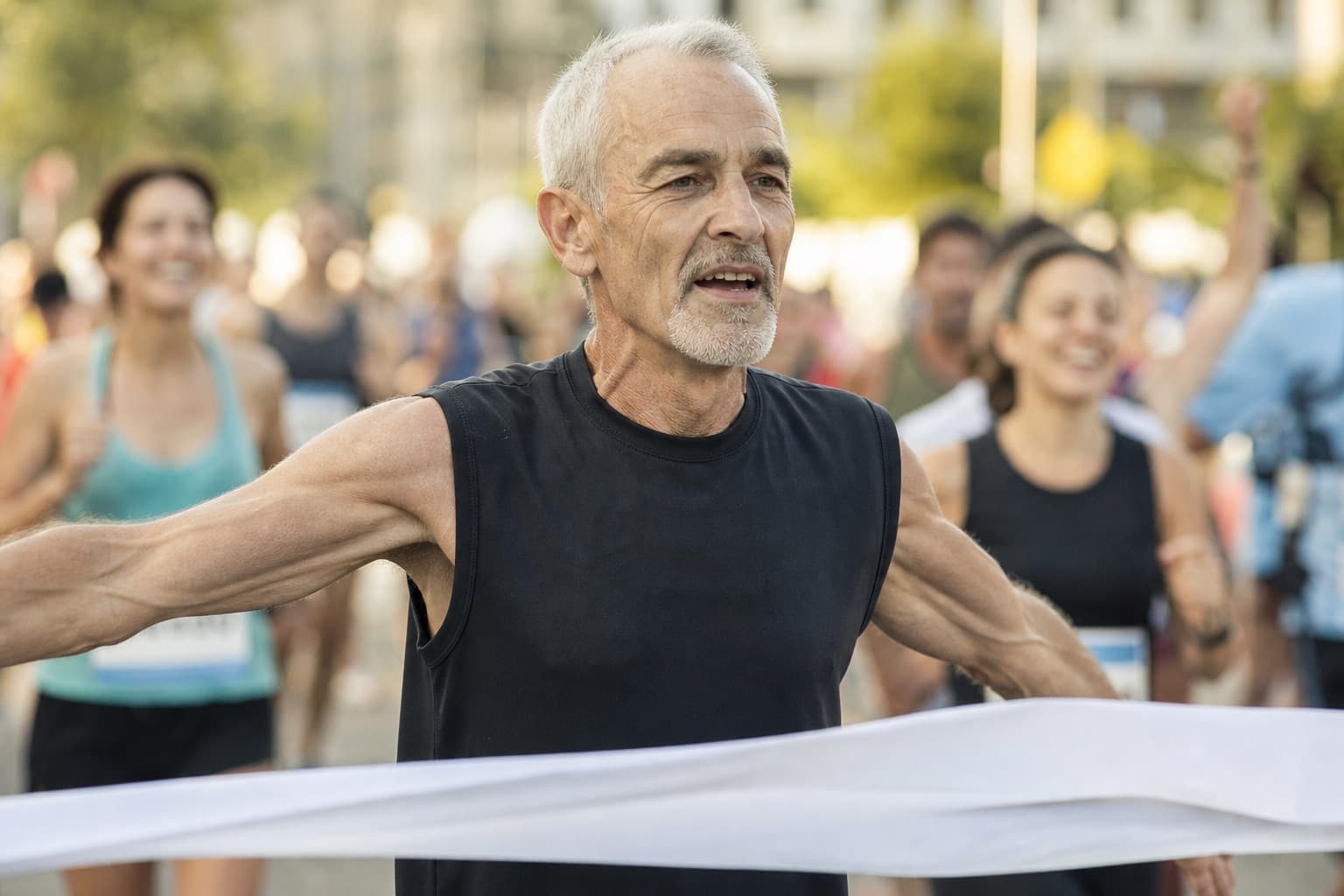 An older masters runner crossing a marathon finish line among other finishers.