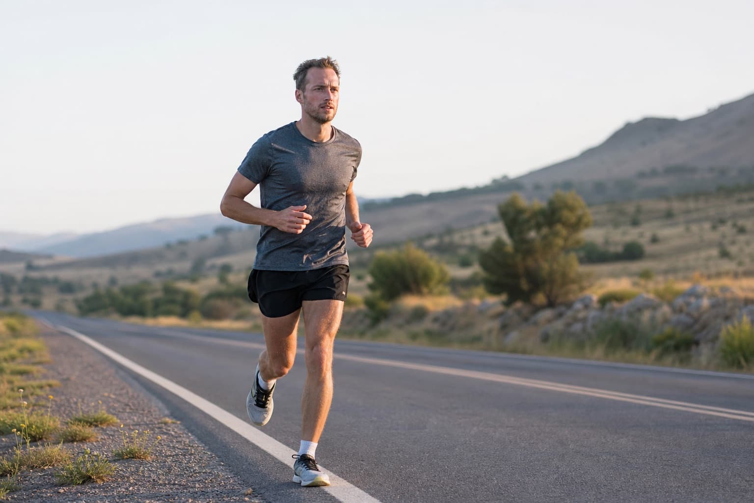 Runner cruising an easy aerobic base run along a quiet open road.