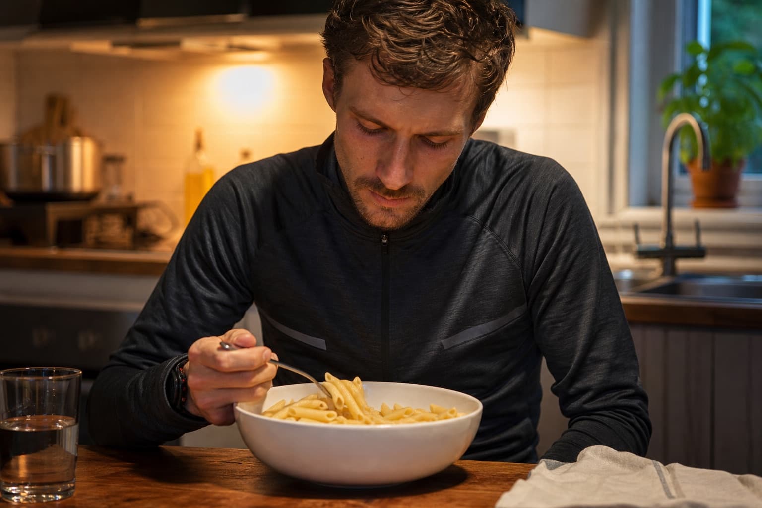 Runner eating a large bowl of pasta at home the night before a race.