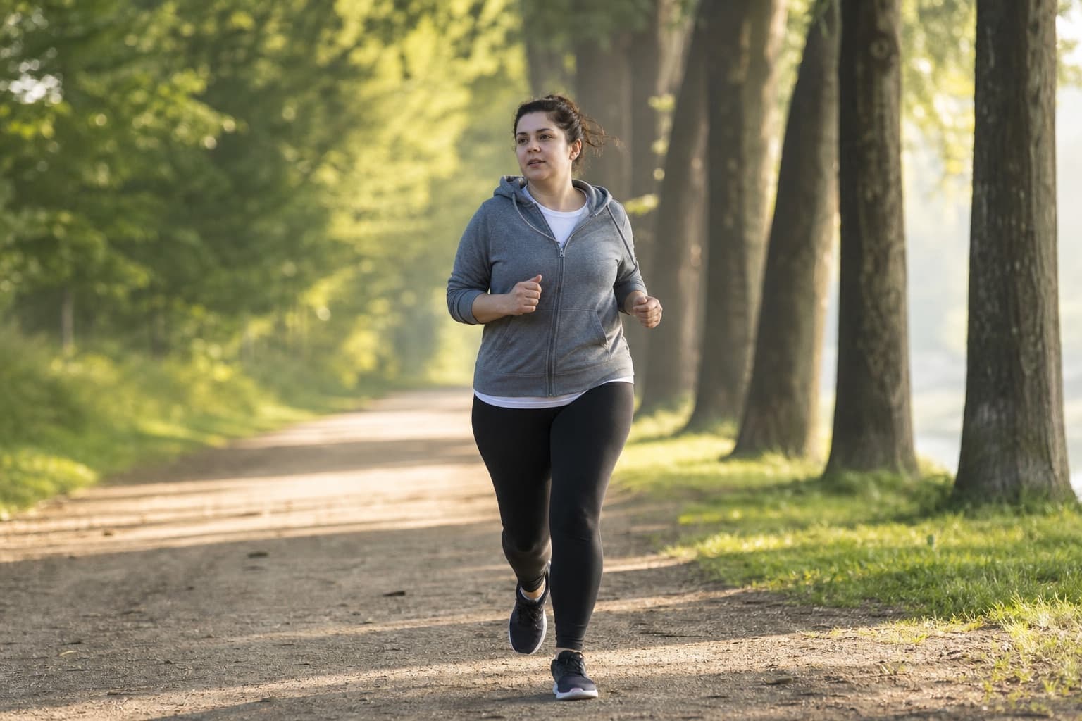 Beginner runner walking then breaking into a jog on a park path.