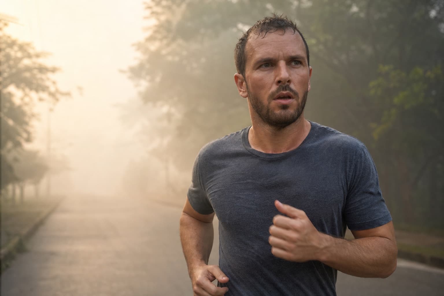 Runner moving through thick morning humidity with a sweat-soaked shirt.