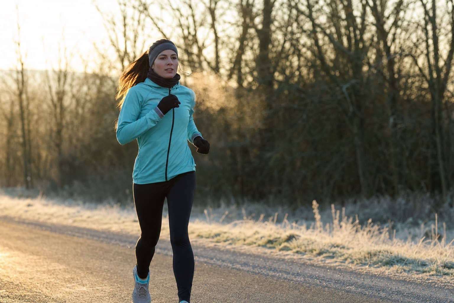 Runner in winter layers running along a frosty road with visible breath.