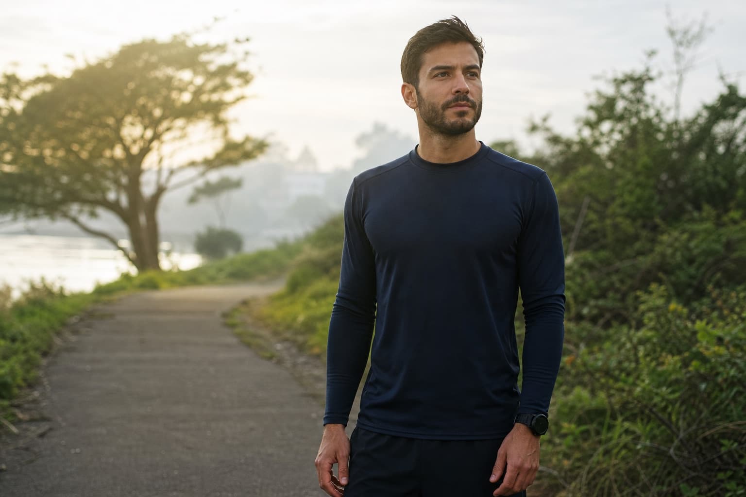 Recovered, relaxed runner standing on a path in soft morning light before a session.