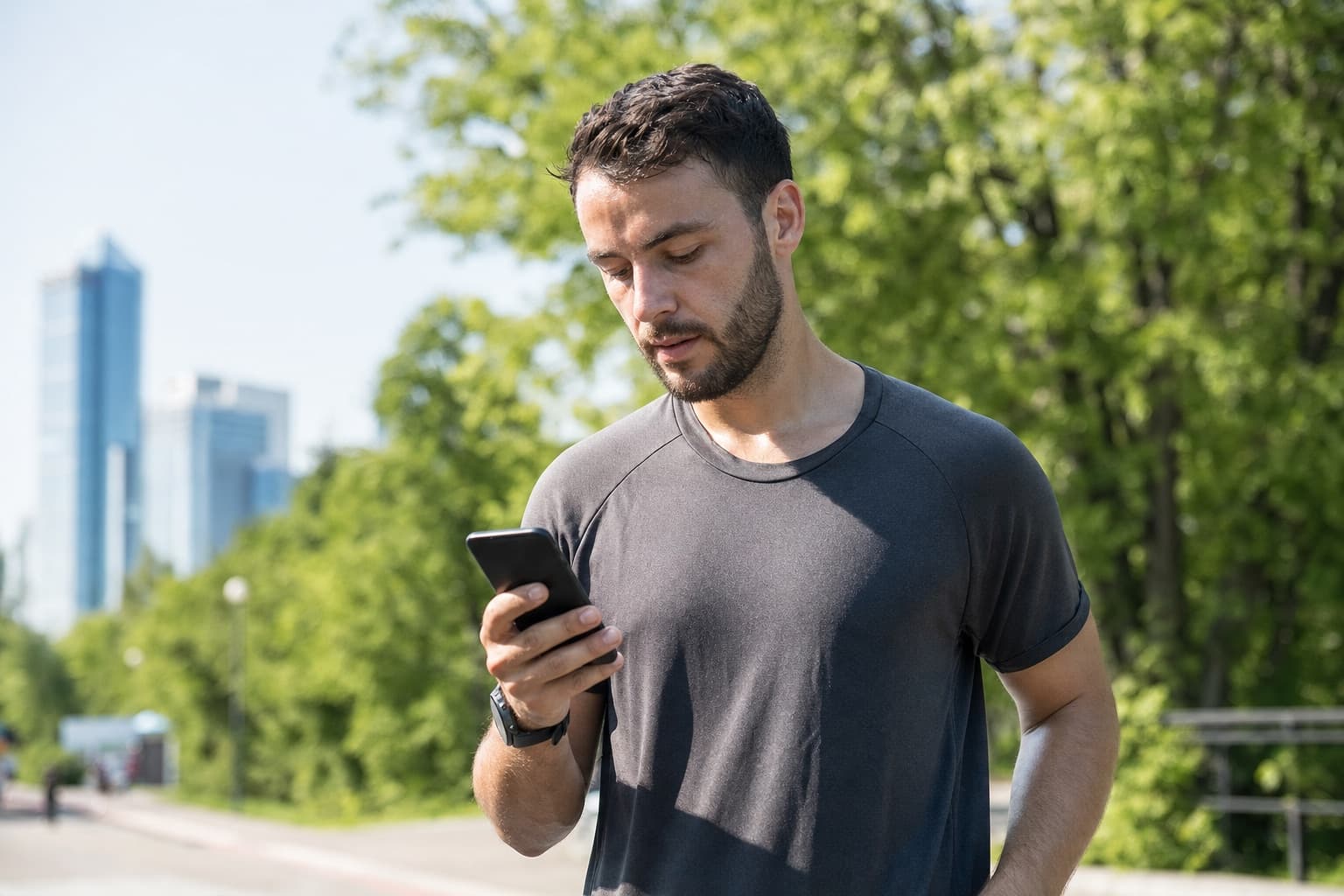 Runner standing in an urban park after a run, reviewing training data on a phone.