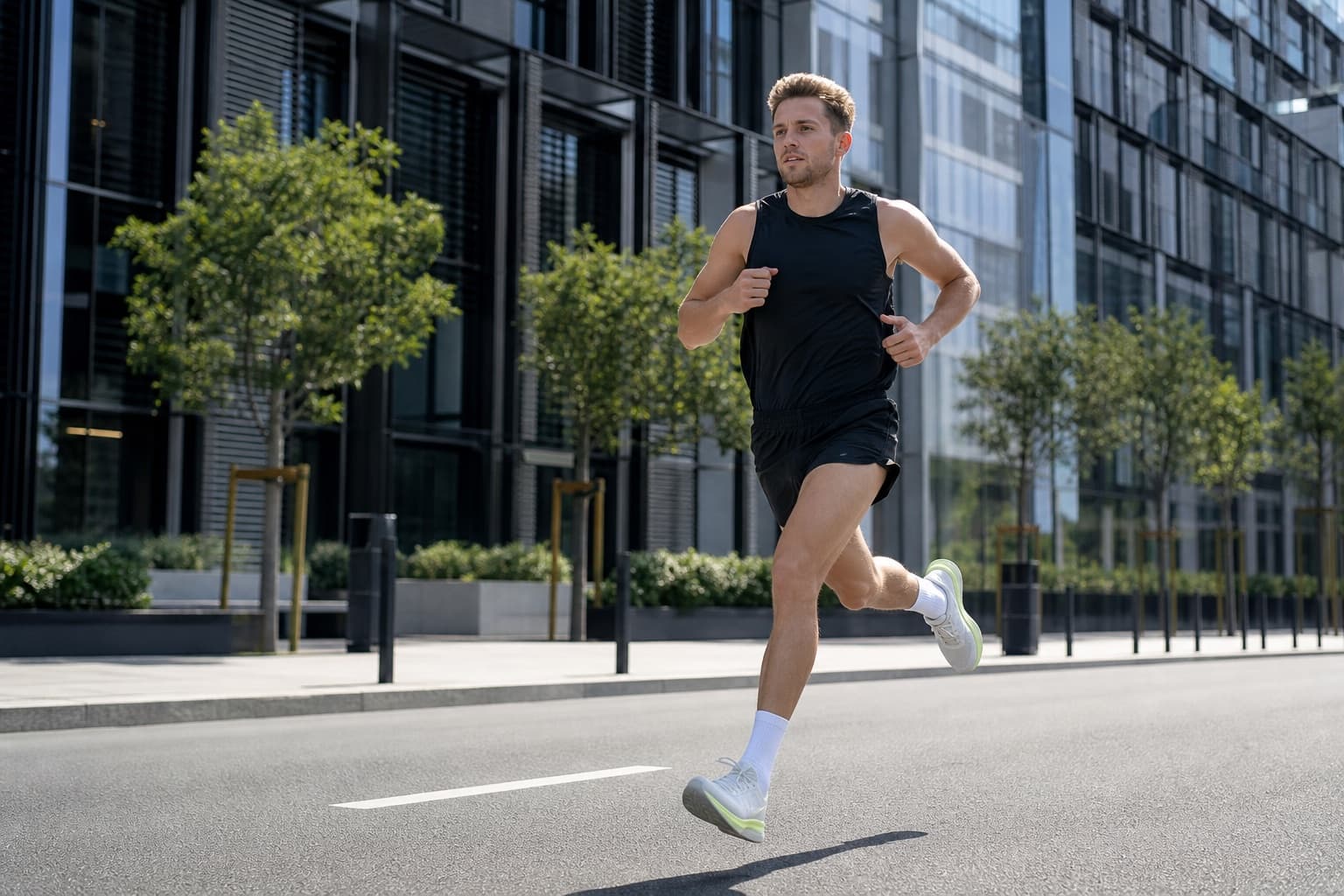 Runner mid-stride on a modern city street lined with glass buildings.