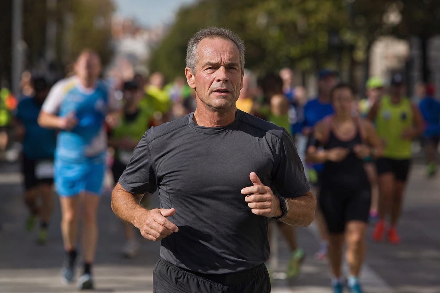A runner in his fifties holding a steady, hard pace mid-race.