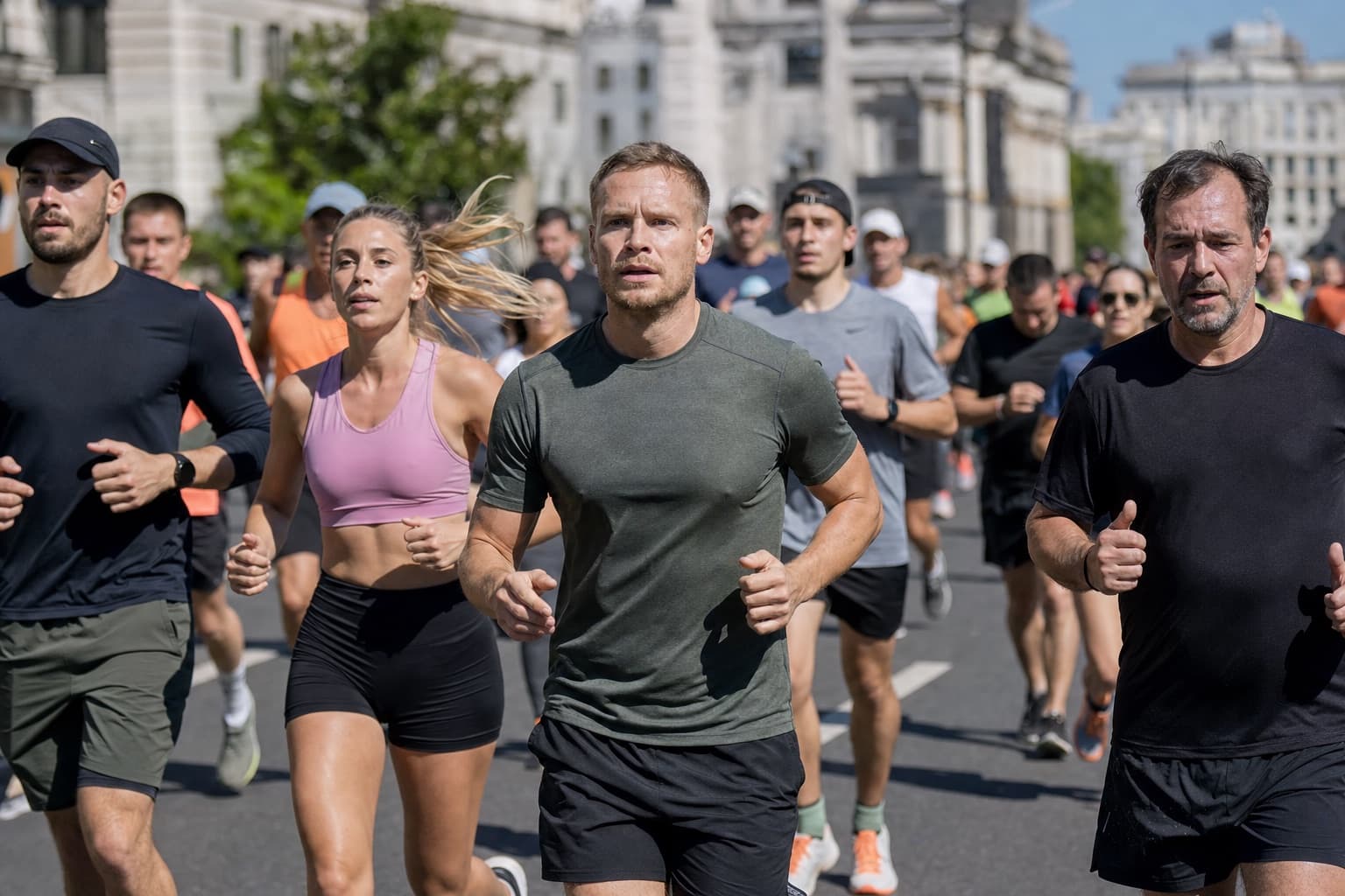 Pack of runners holding a hard, even effort down a city street.