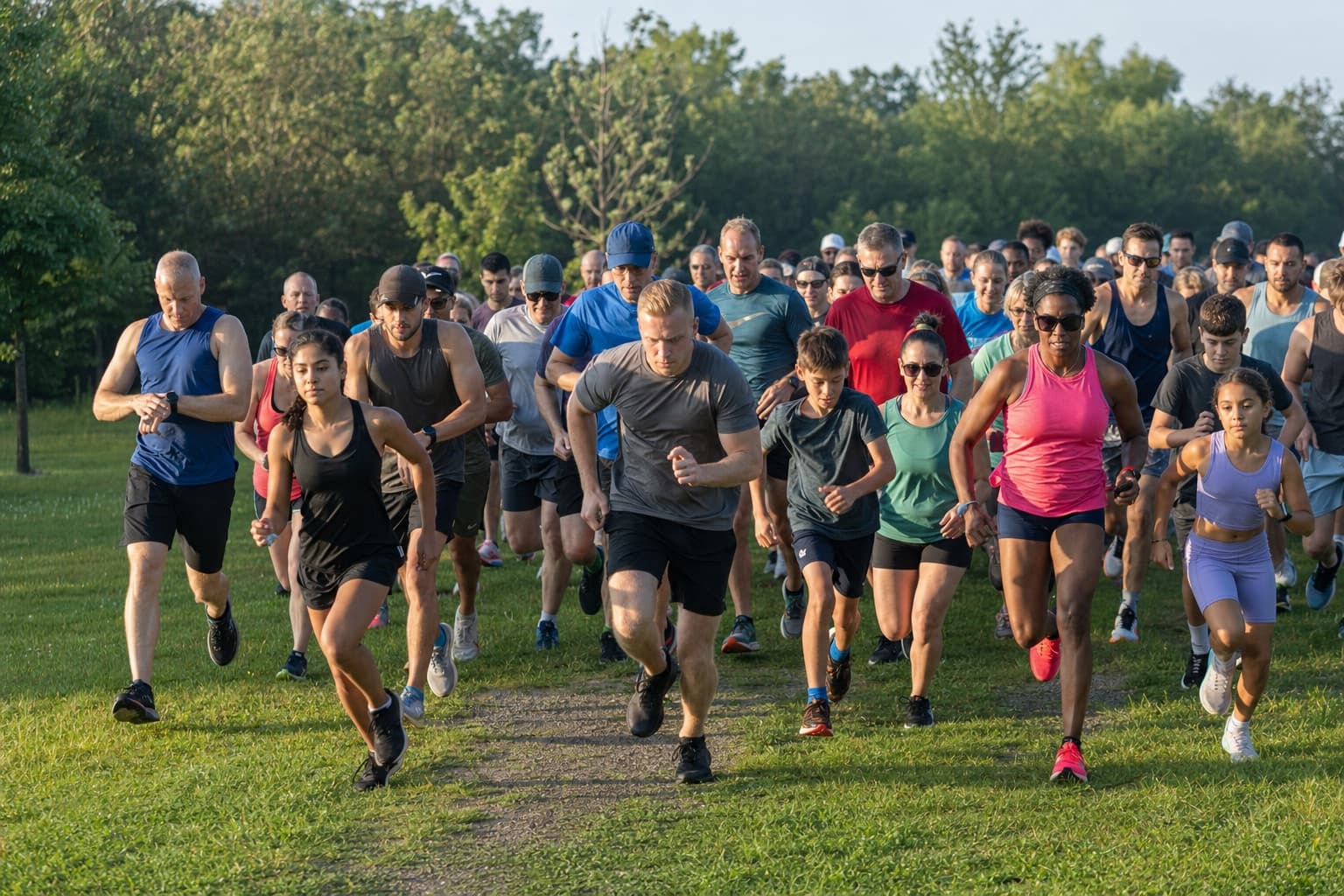 Diverse group of runners starting a timed 5K race in a park.