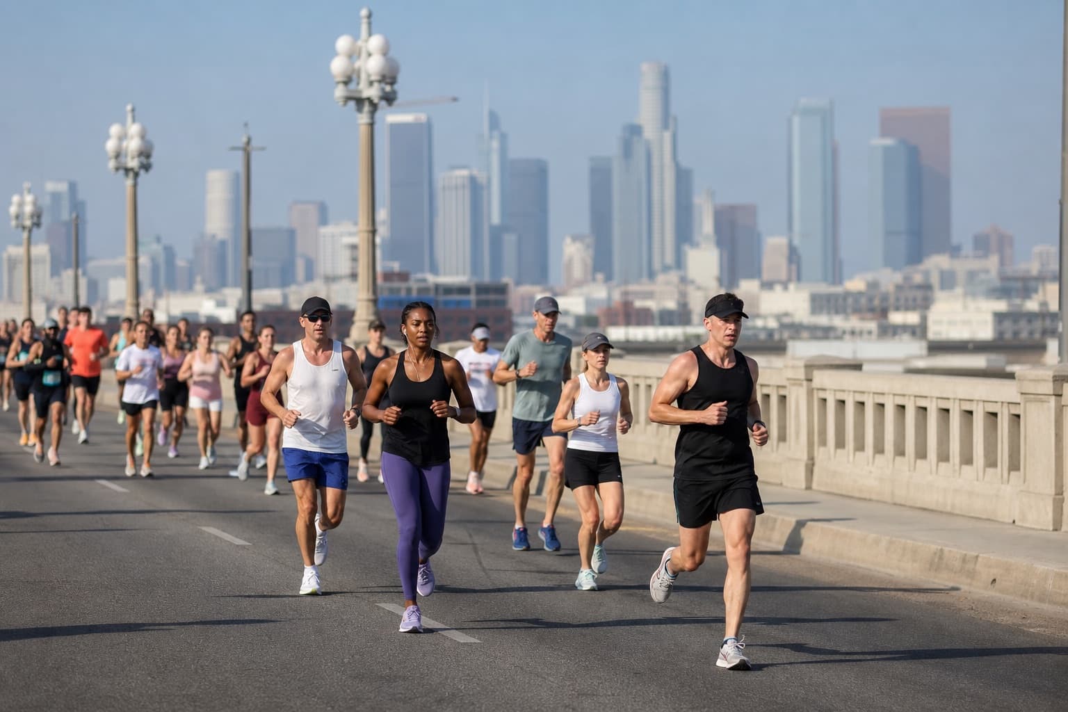Large field of half marathon runners spread across a city bridge.