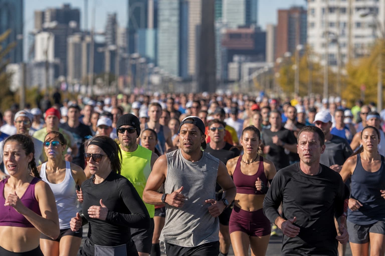 Marathon runners moving through a city street course in a large field.