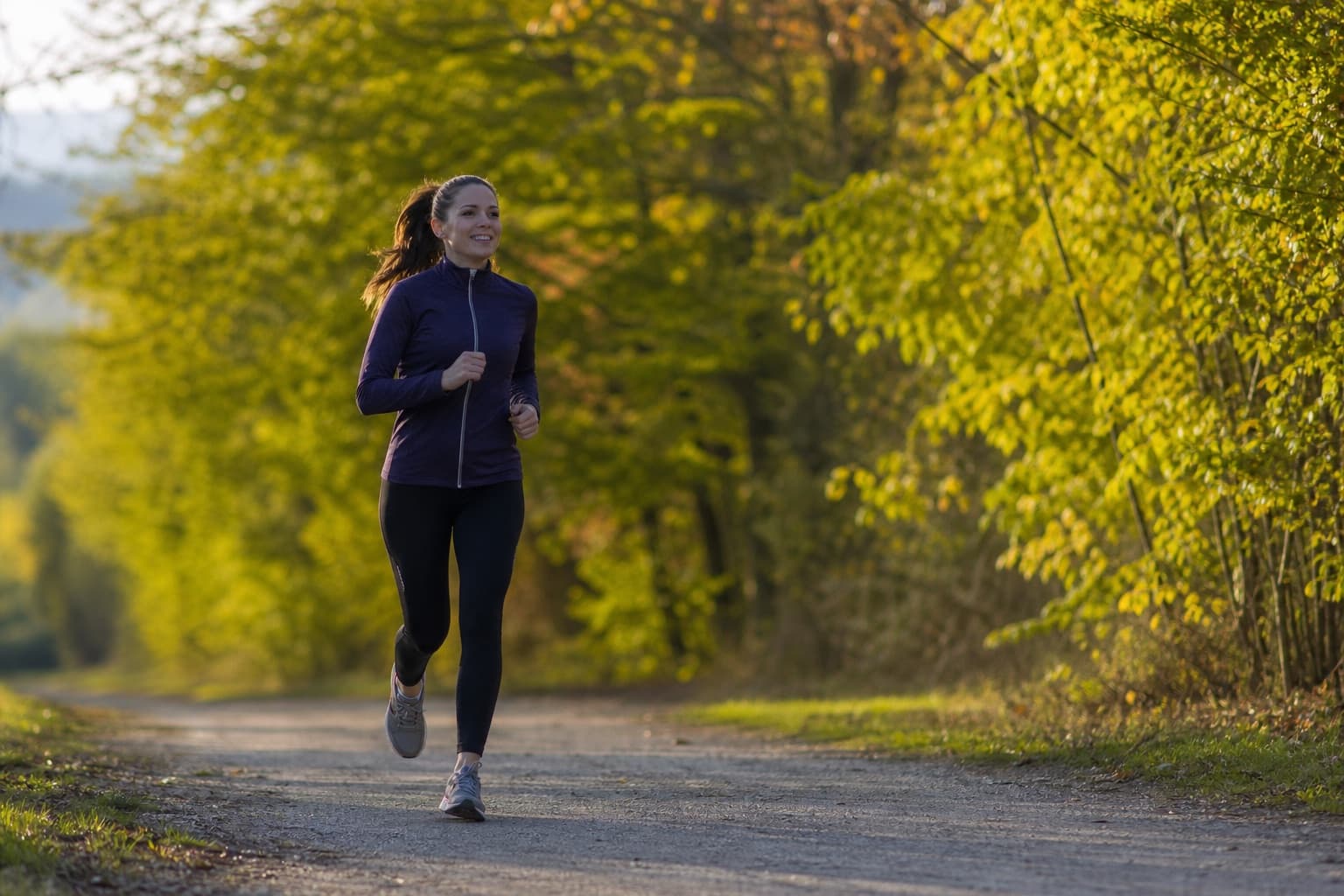 Runner moving at a relaxed, easy aerobic effort on an open outdoor path.