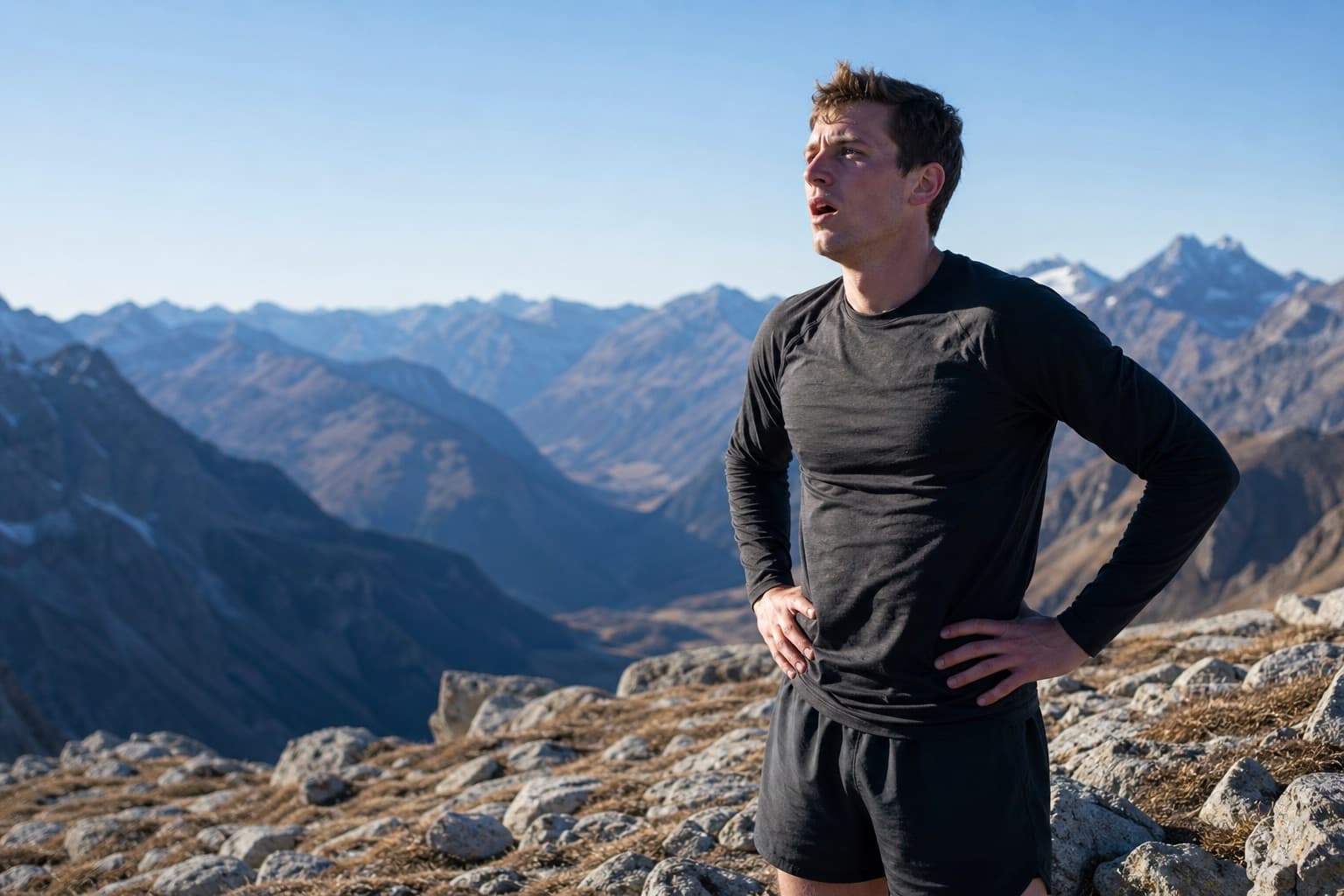 Runner catching their breath at altitude overlooking a mountain valley.