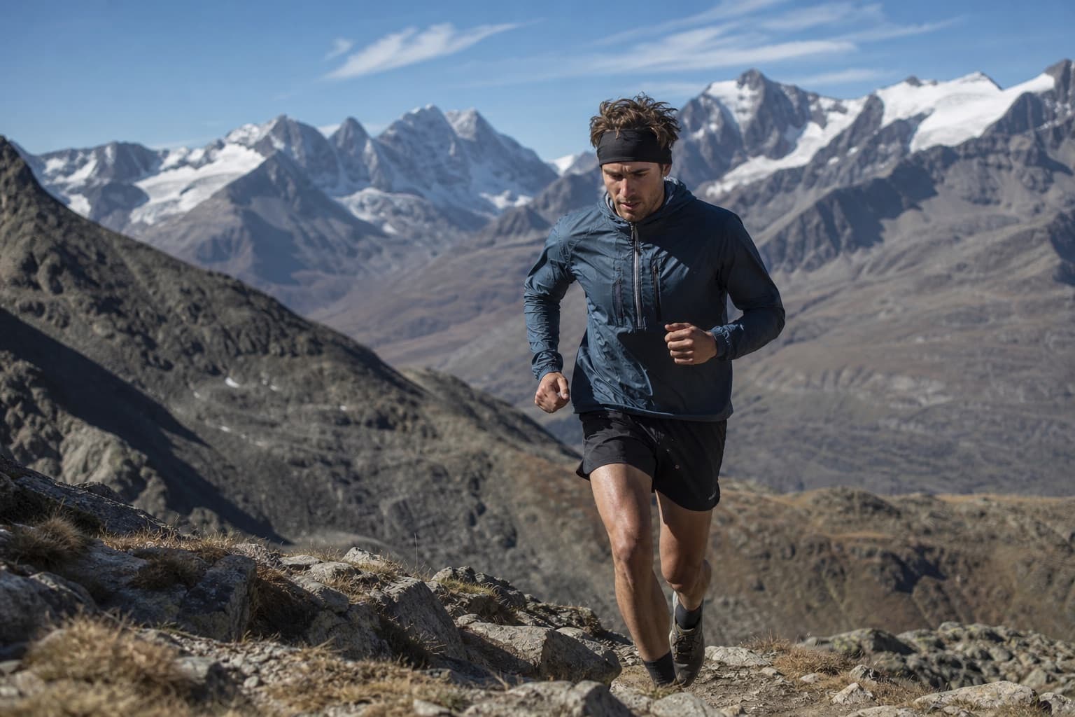 Runner moving along a high mountain trail with thin, high-altitude air.
