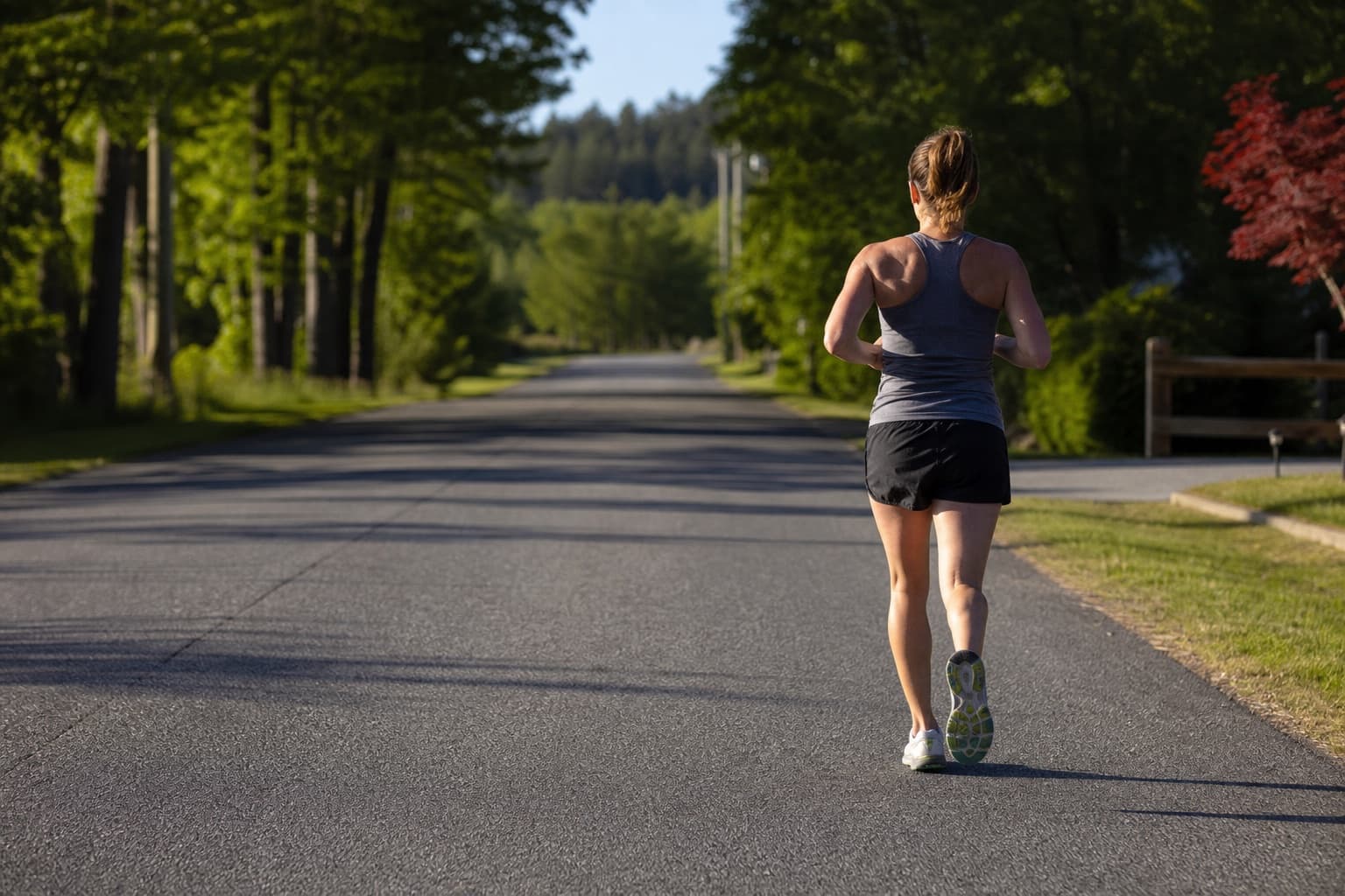 Runner extending an easy long run along an open suburban road.