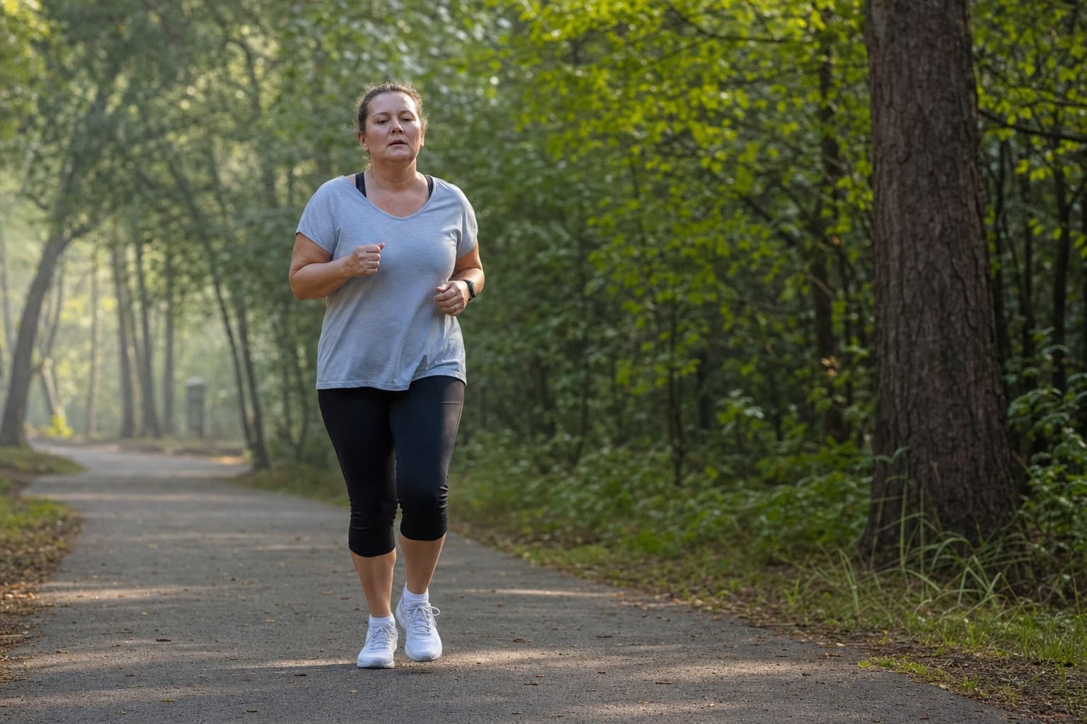 True beginner runner mixing short jogging bursts with walking on a park path.