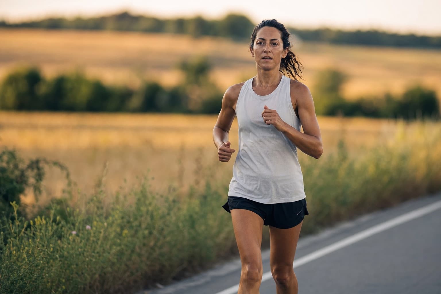 Marathon runner extending a long training run along a rural road.