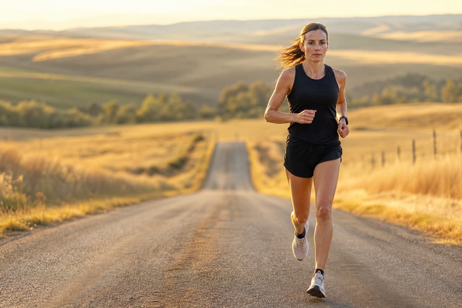 Runner on a long training run along a rolling rural road at golden hour.
