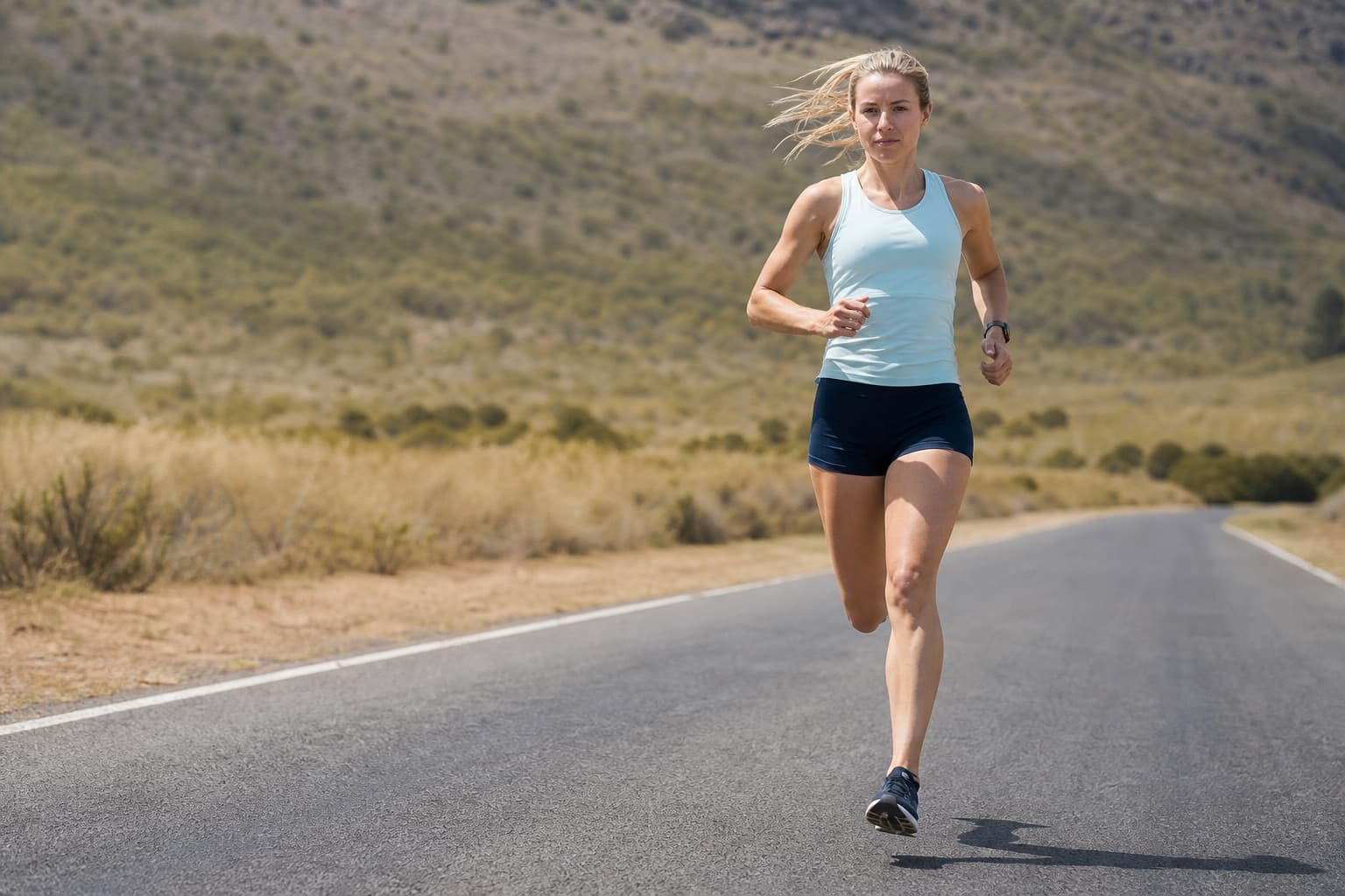 Runner holding a relaxed, efficient stride with a natural arm swing.