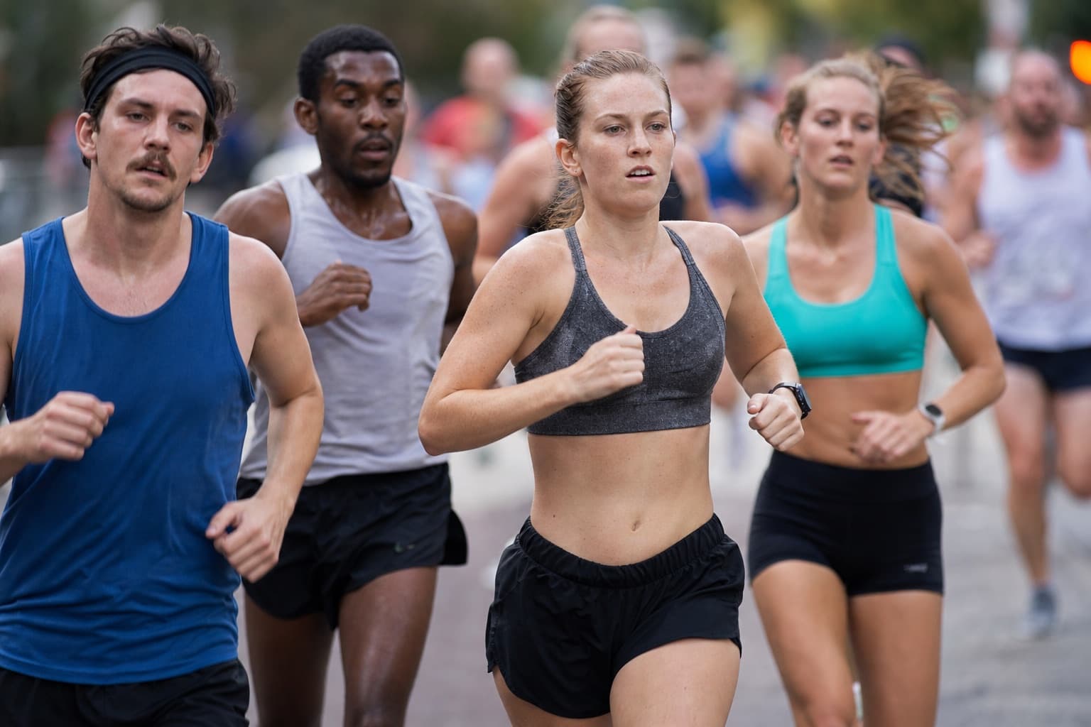 Pack of 10K runners grinding through the tough middle third of a race.