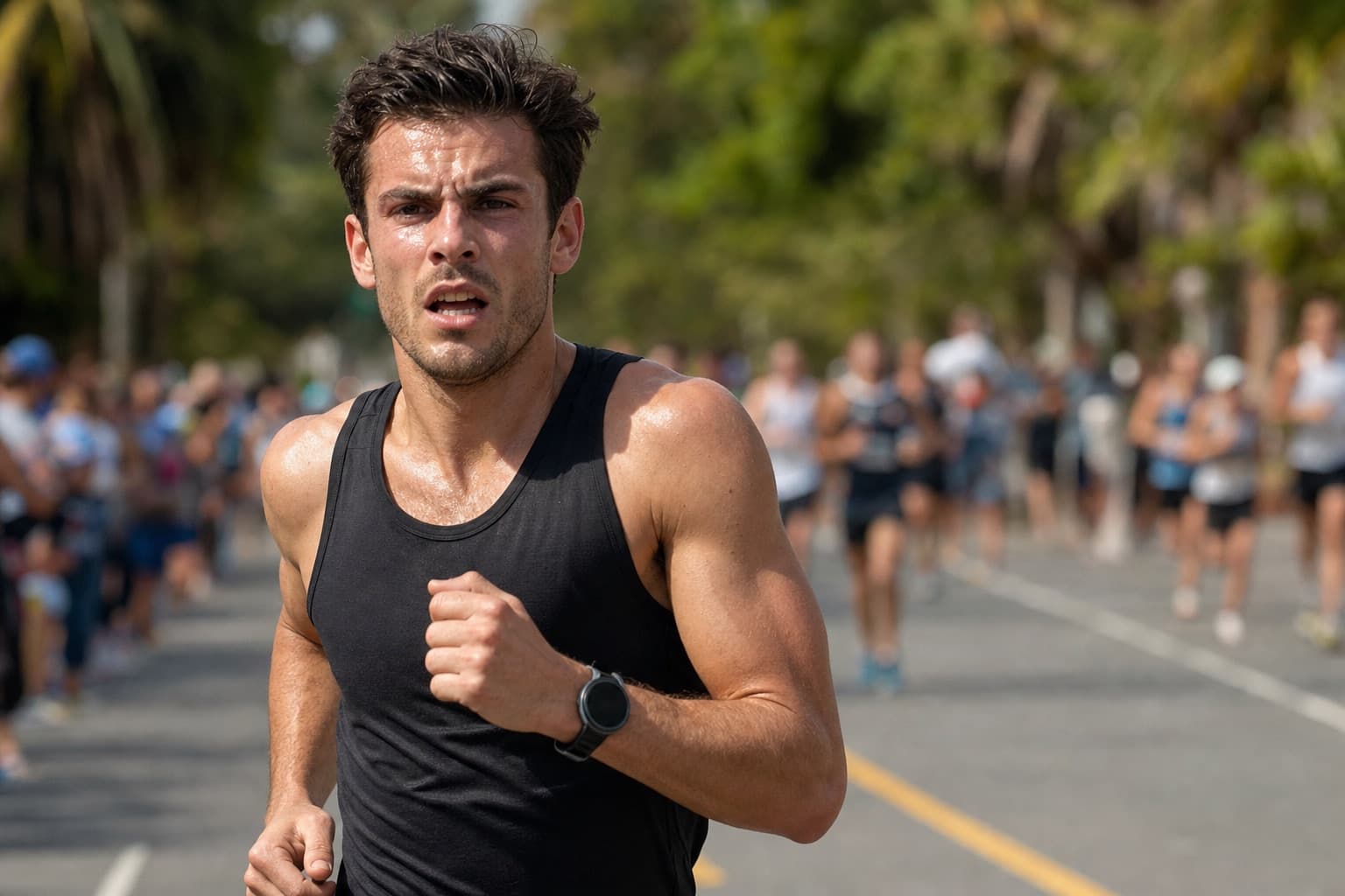 Runner racing a 5K at hard, near-maximum controlled effort on the road.