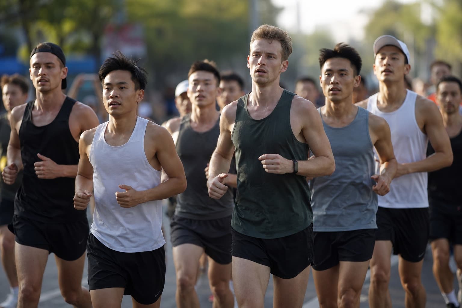 Pack of half marathon runners moving together at a disciplined early pace.