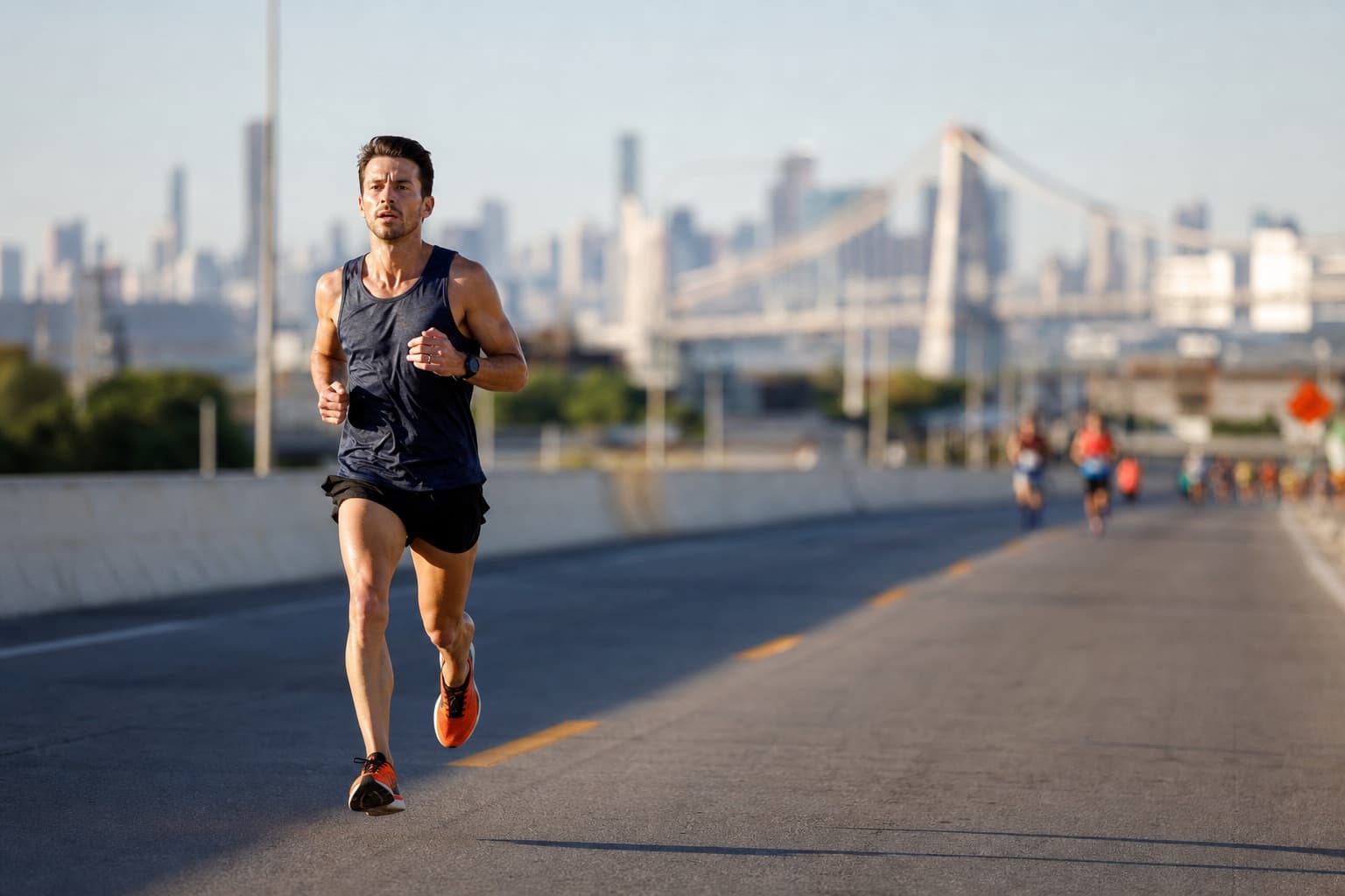 Runner holding a steady marathon pace along a long open city road.