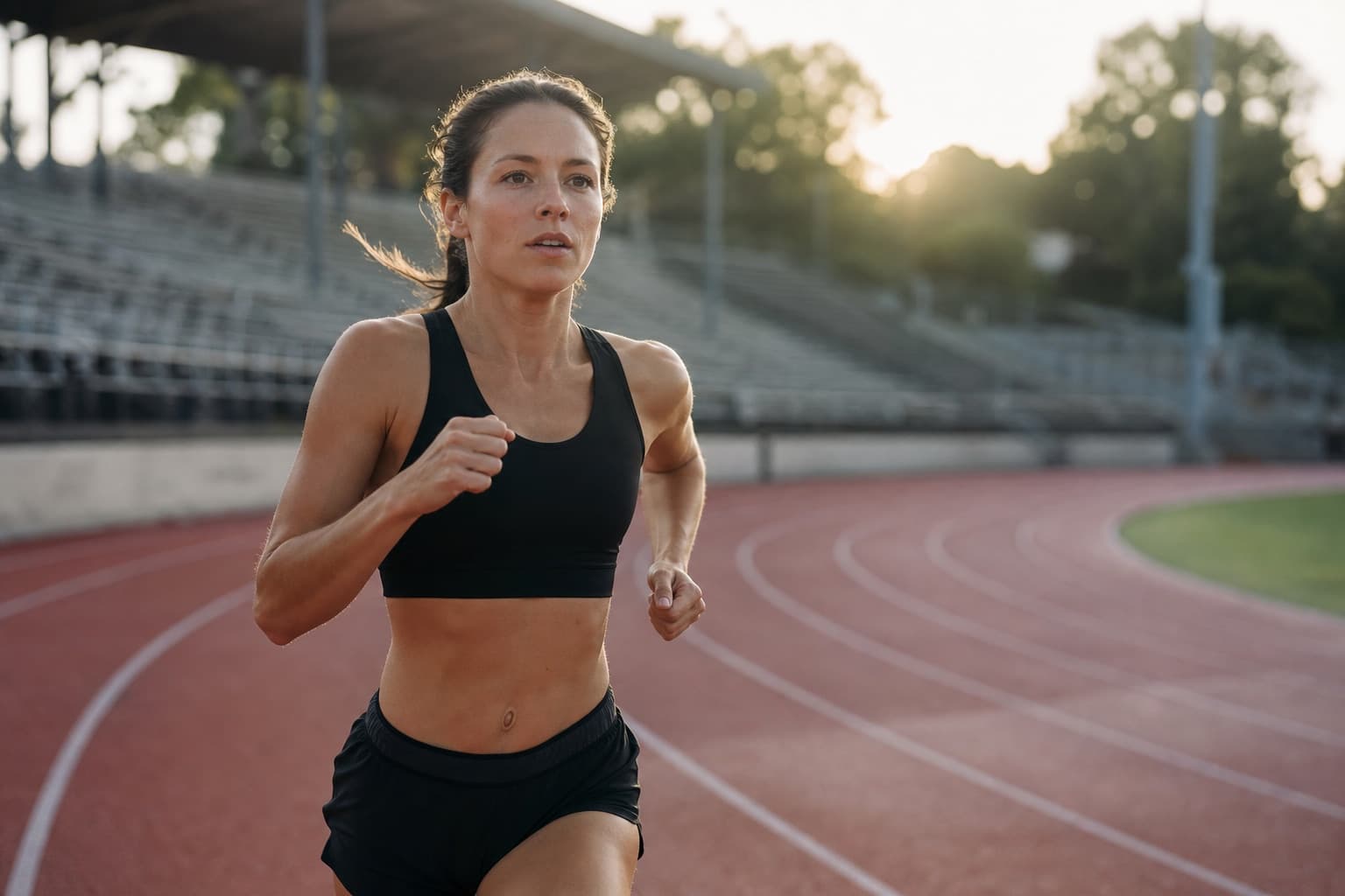 Intermediate runner pushing a hard, controlled tempo effort on an outdoor track.