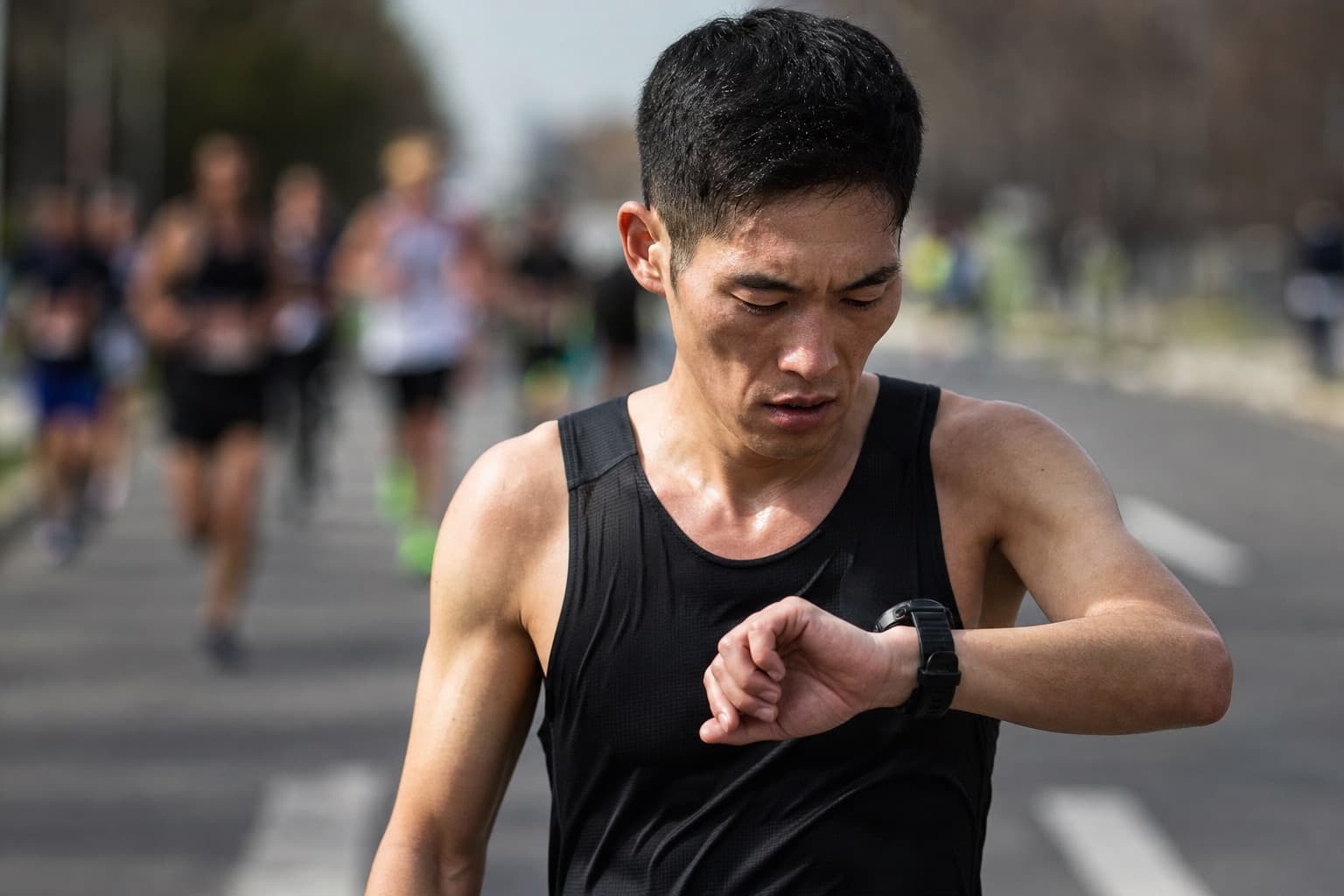 Marathon runner glancing at a wrist watch during a hard late-race mile.