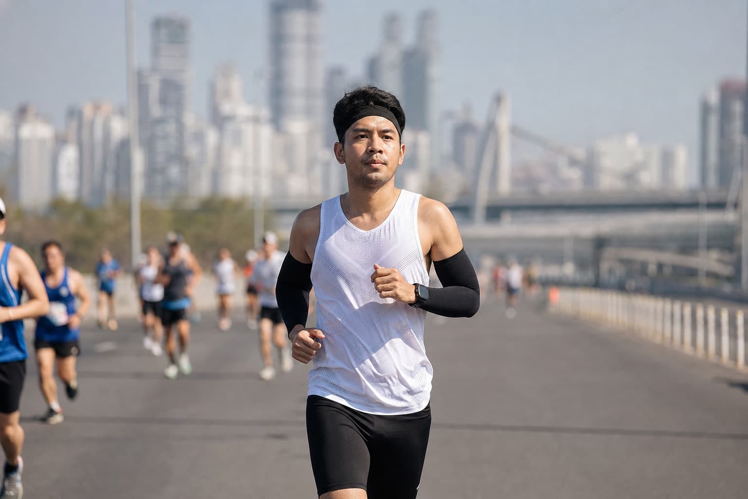 Marathon runner holding a steady, patient pace on a long city road.