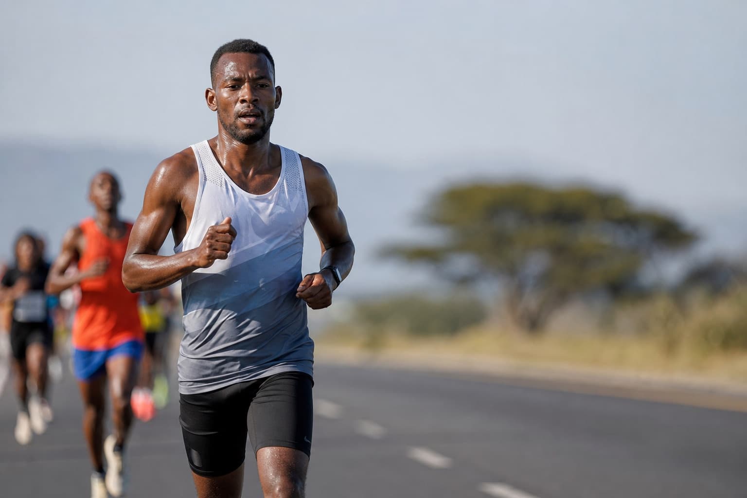 Fit runner holding a hard, controlled threshold pace on an open road.