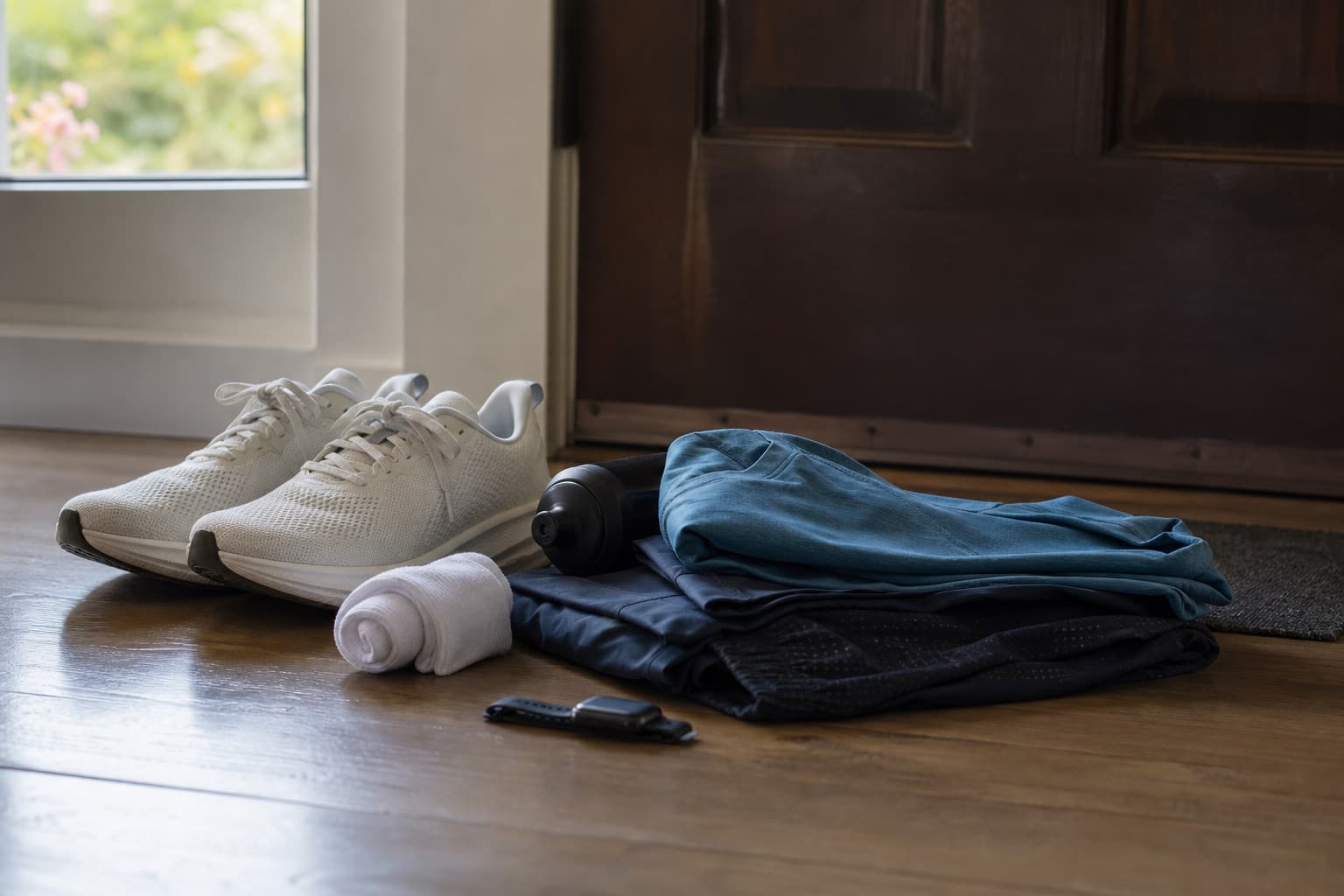 Fresh running shoes and folded race kit set out by a door before marathon week.