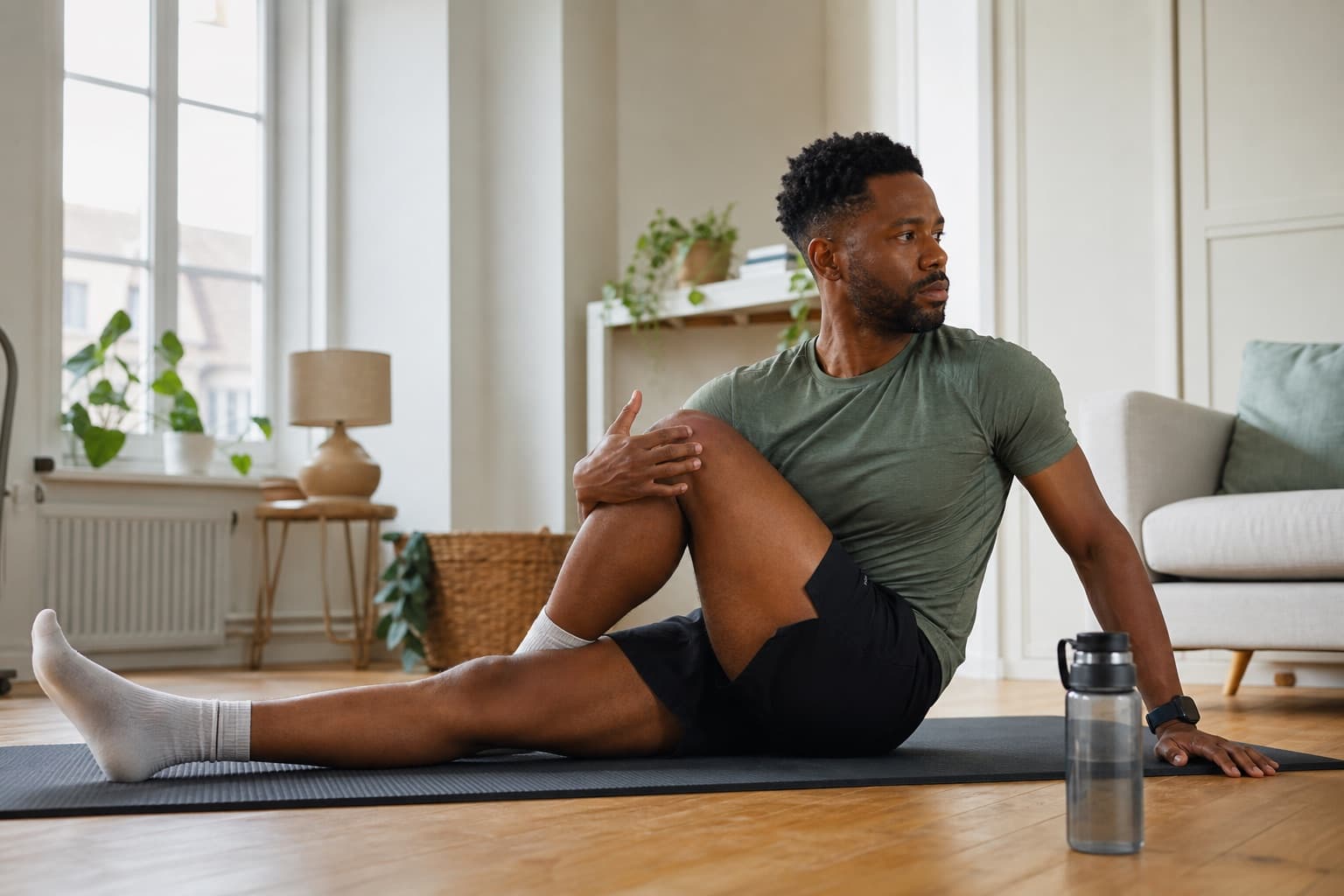 Runner stretching on a mat at home during a marathon taper week.