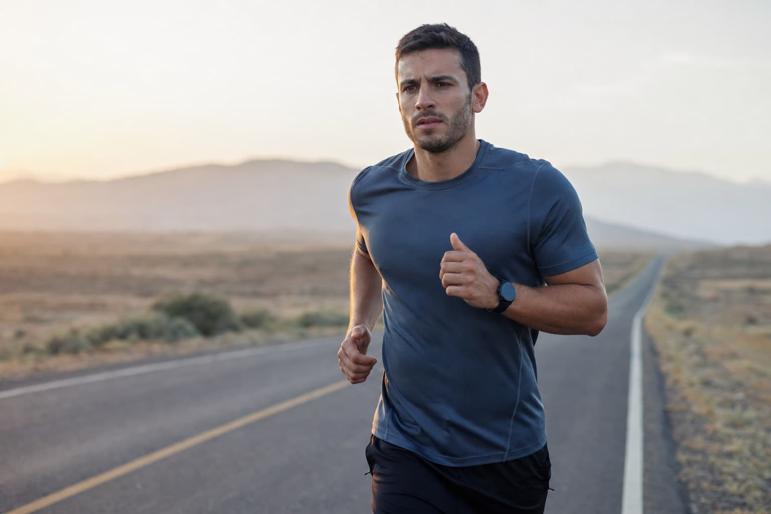 Runner wearing a GPS sports watch during a steady outdoor endurance run.