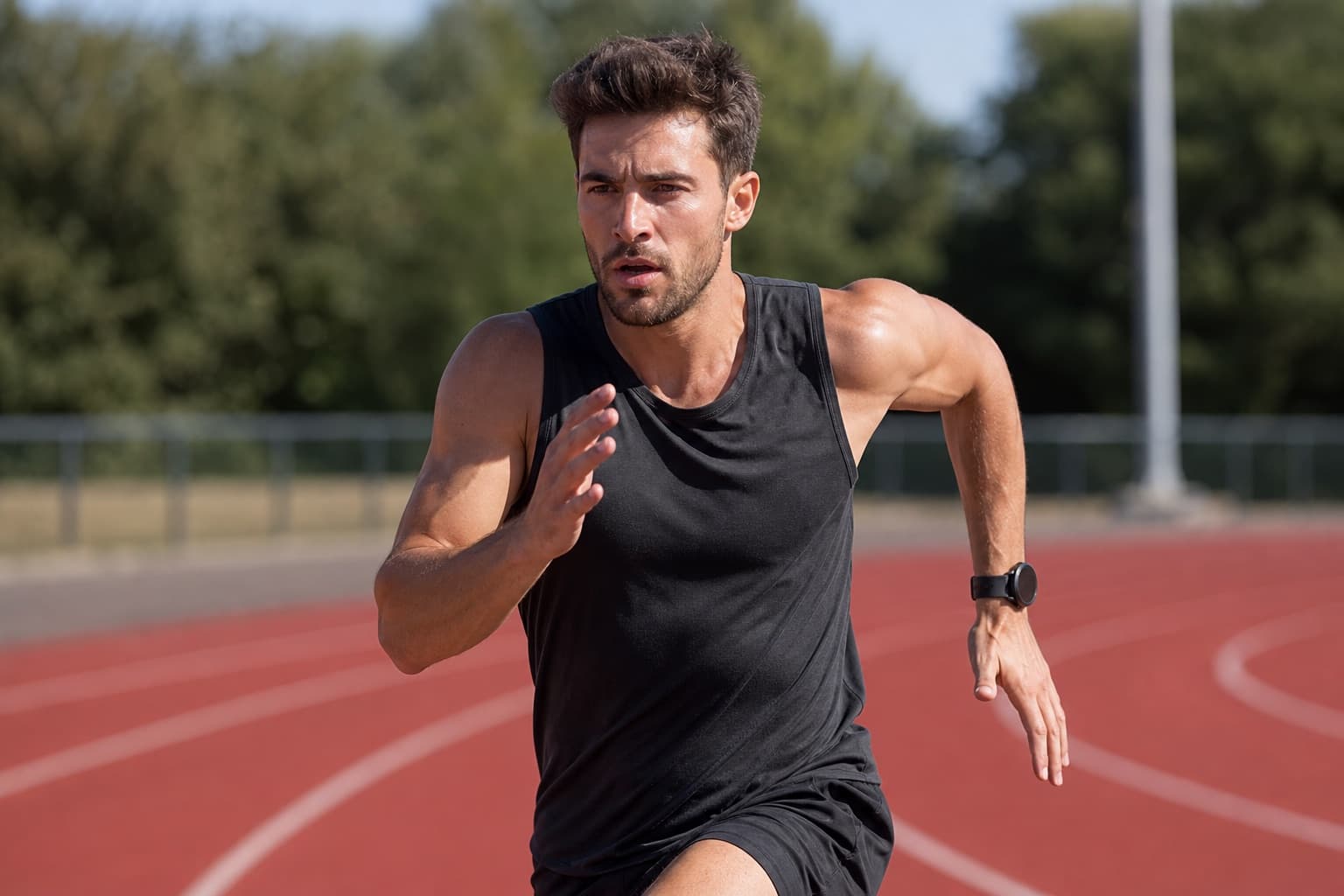 Runner doing fast track intervals while wearing a GPS sports watch.