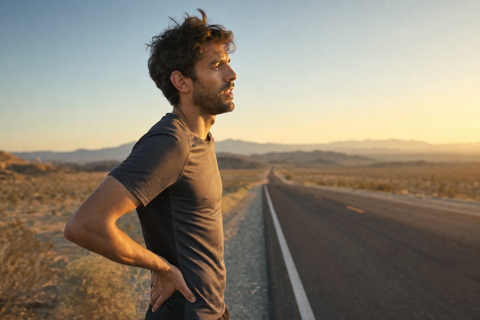 Runner standing focused at the edge of an open road, looking toward the horizon.