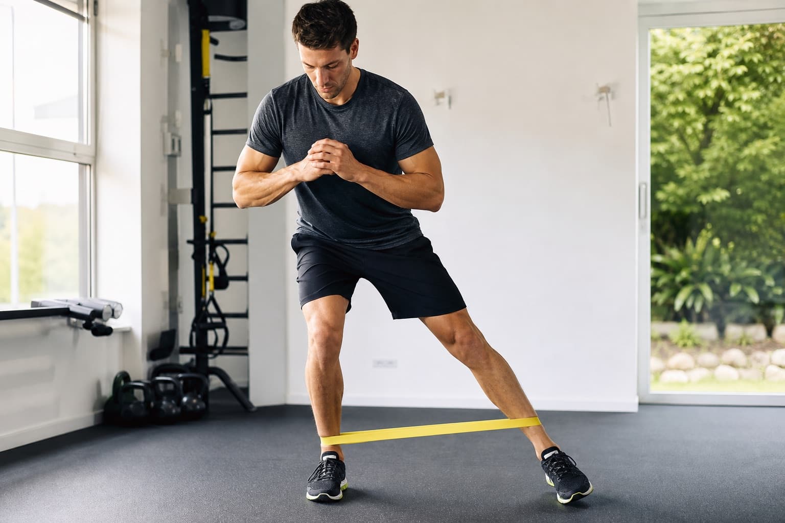 Runner doing a resistance-band lateral walk to strengthen hips and glutes.