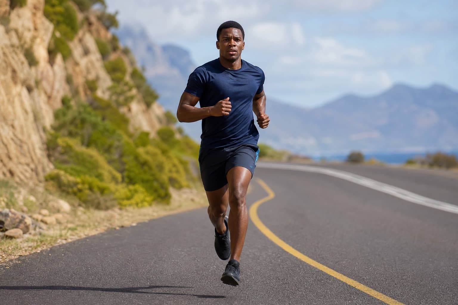 Runner holding a steady, comfortably hard tempo pace on an open road.