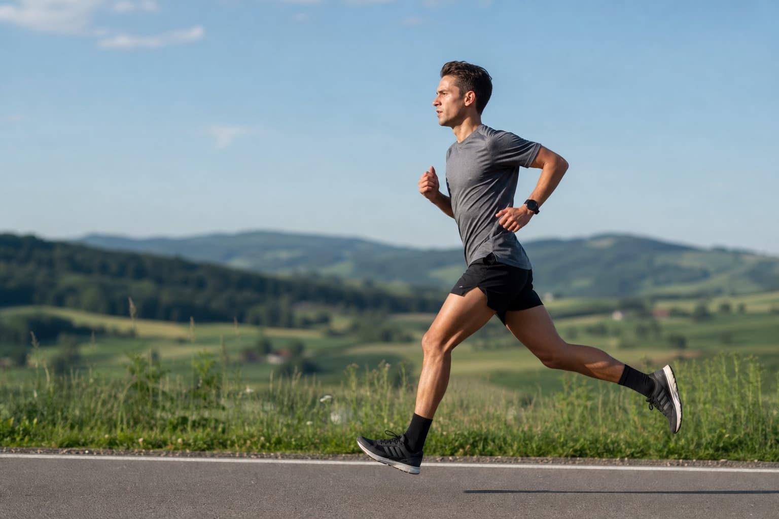Runner holding a smooth, even stride on an open road in daylight.