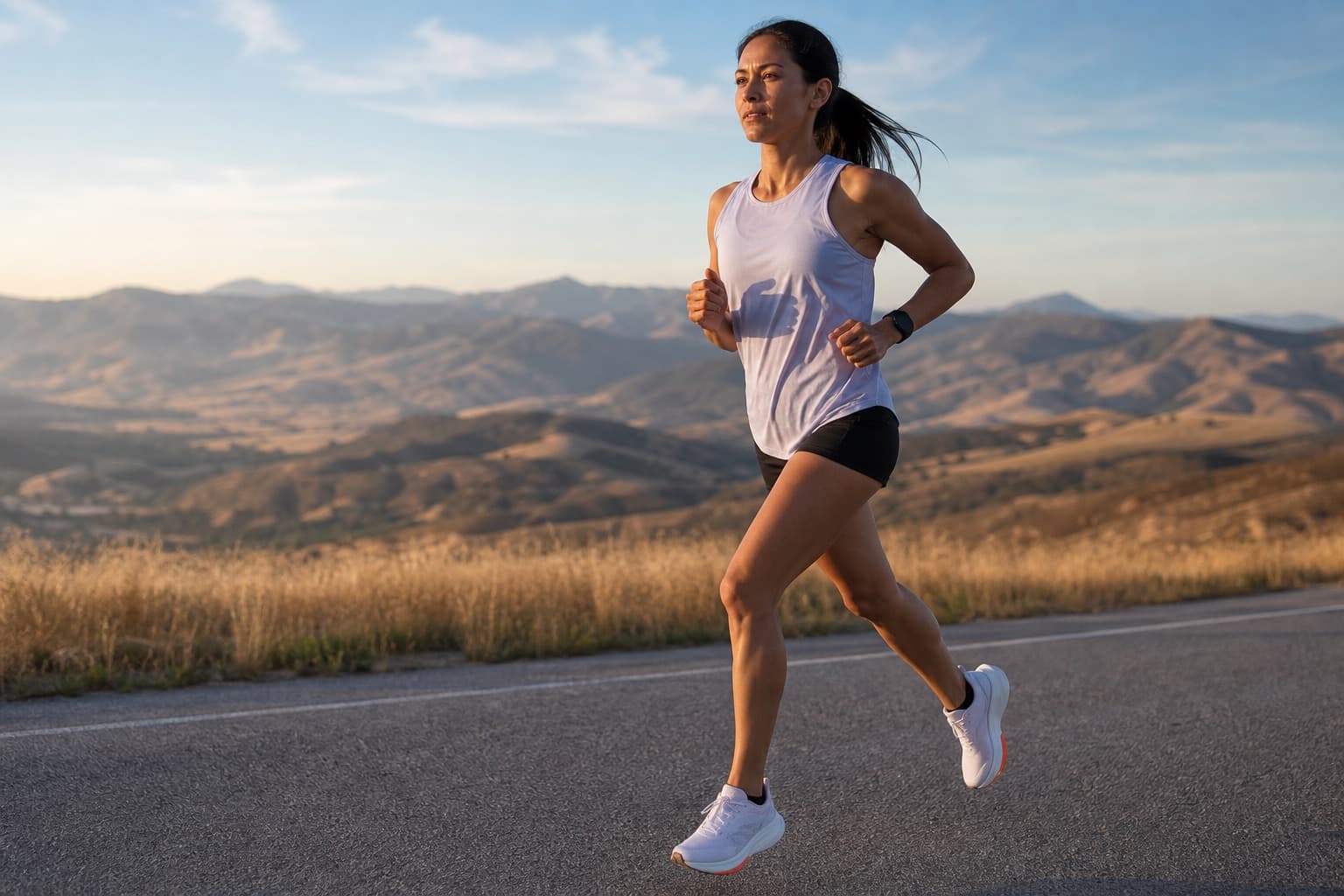 Runner with a smooth, efficient stride on an open road in warm late-day light.