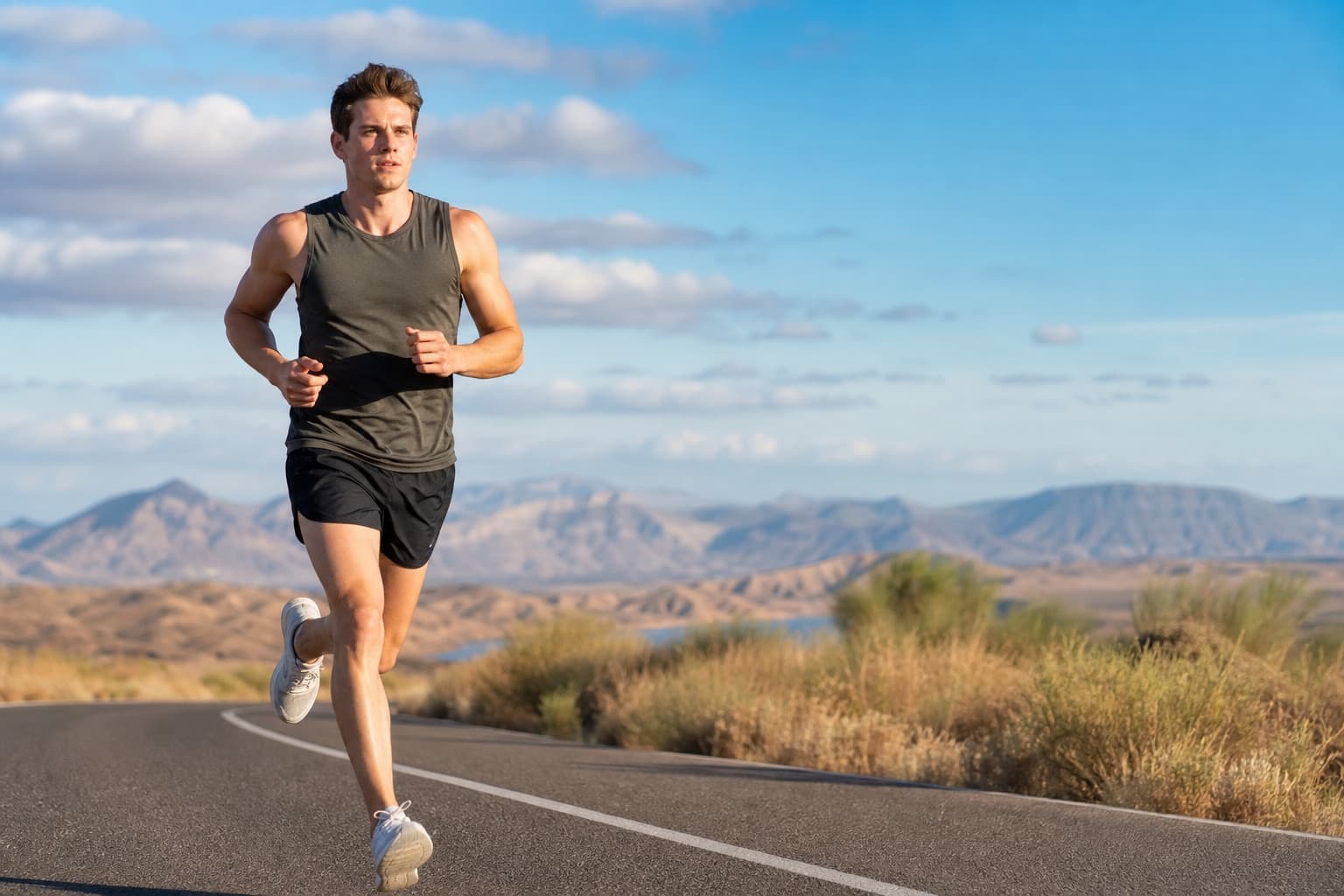Healthy, strong half-marathon runner holding a steady moderate effort on a road.