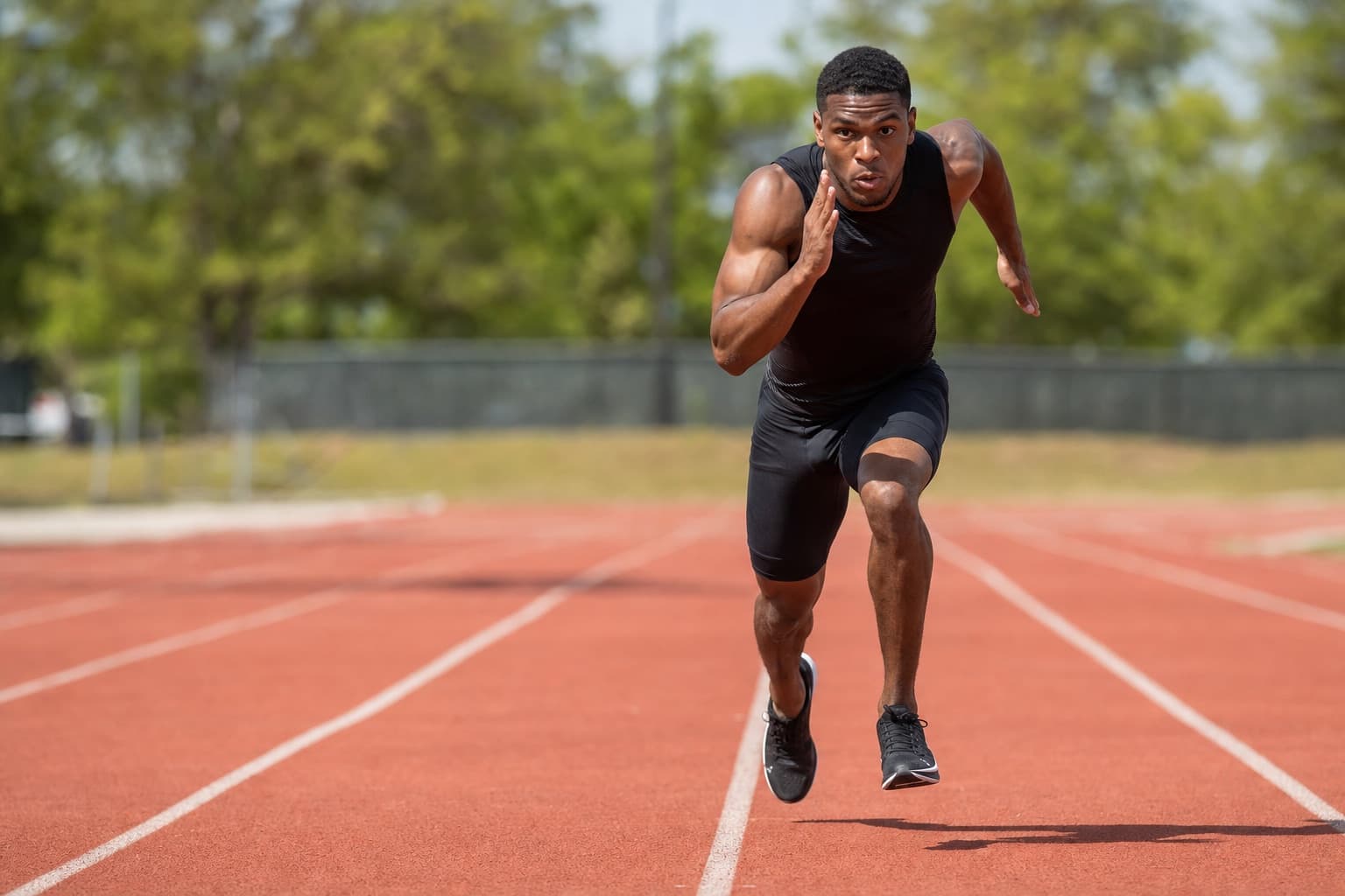Runner sprinting a fast interval on a red outdoor track.
