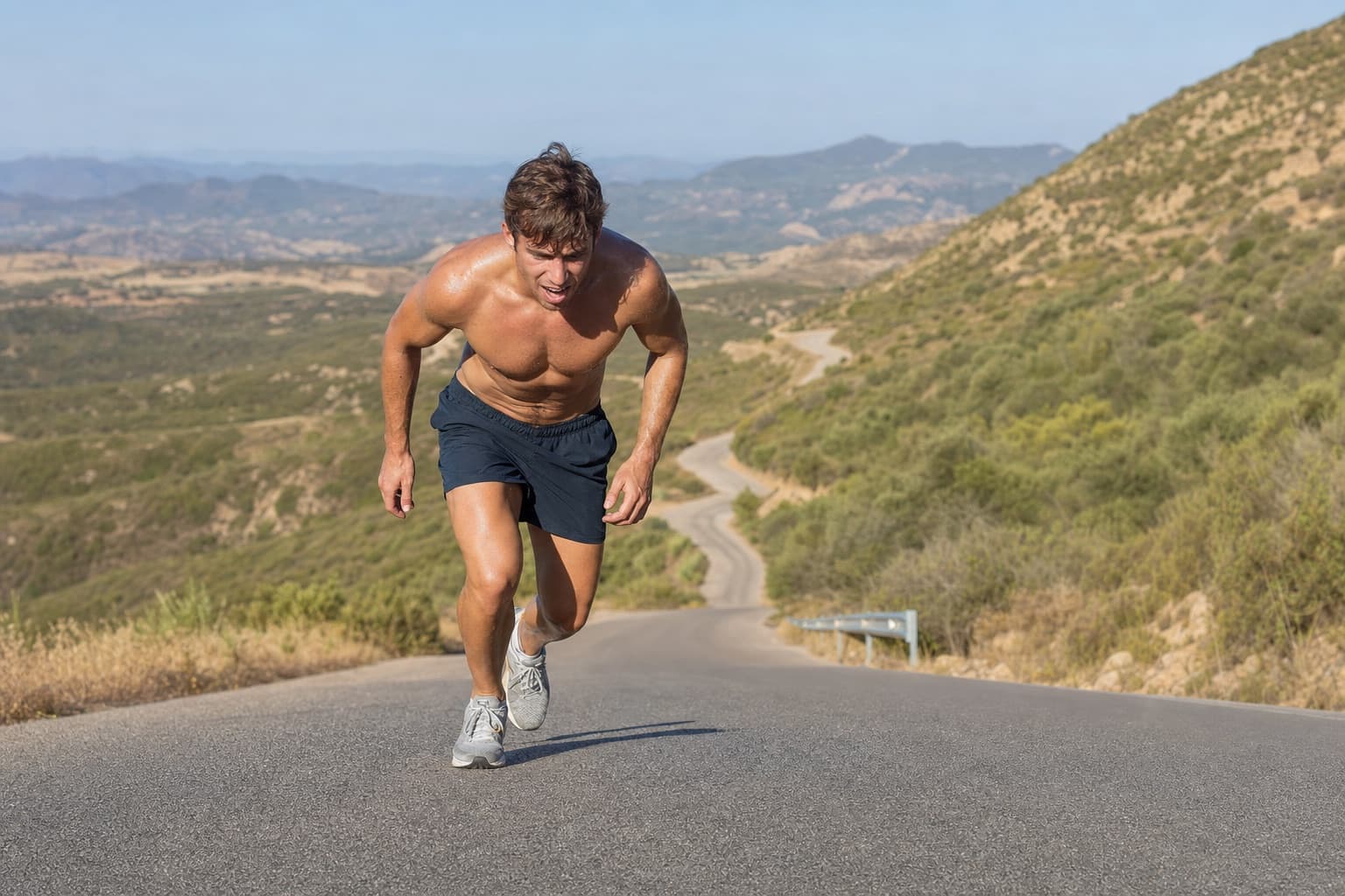 Determined runner pushing up a long steep hill road, breaking through effort.