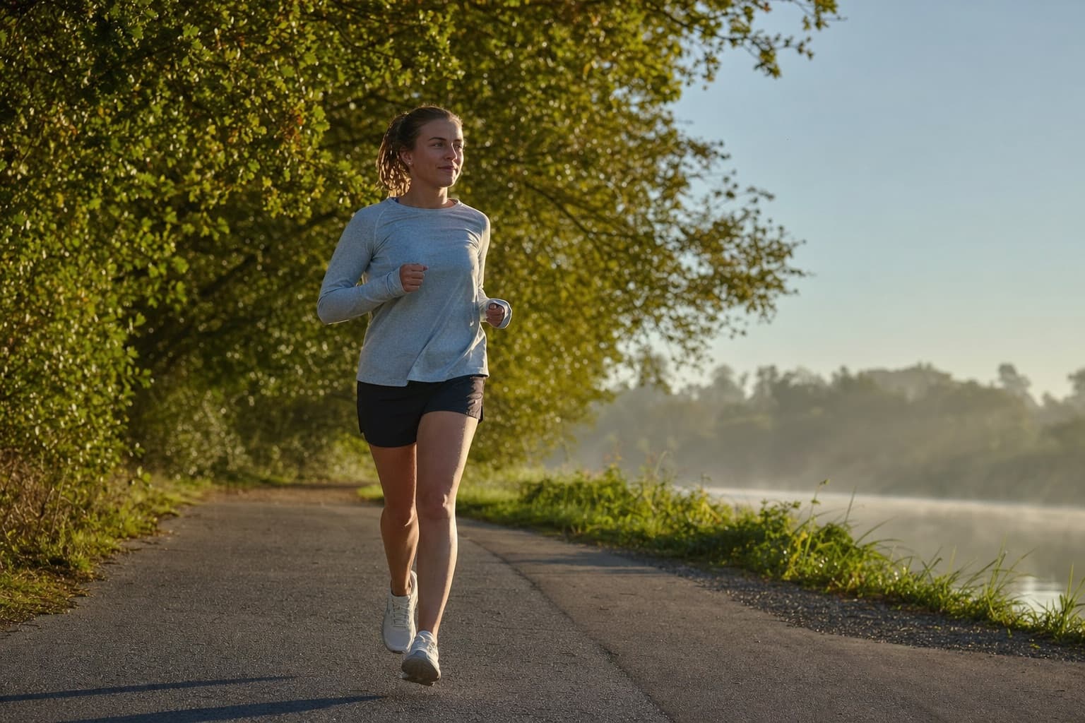 Runner on a relaxed, truly easy recovery jog along a quiet path.
