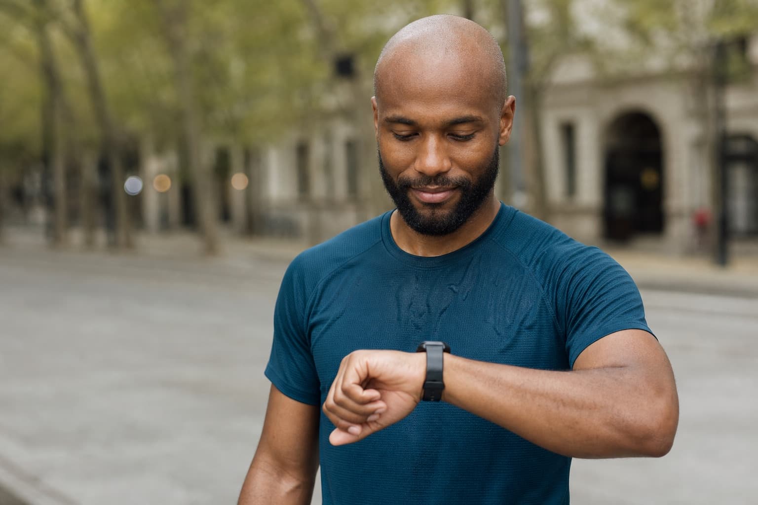 Runner glancing at a GPS sports watch on the wrist after finishing a run.