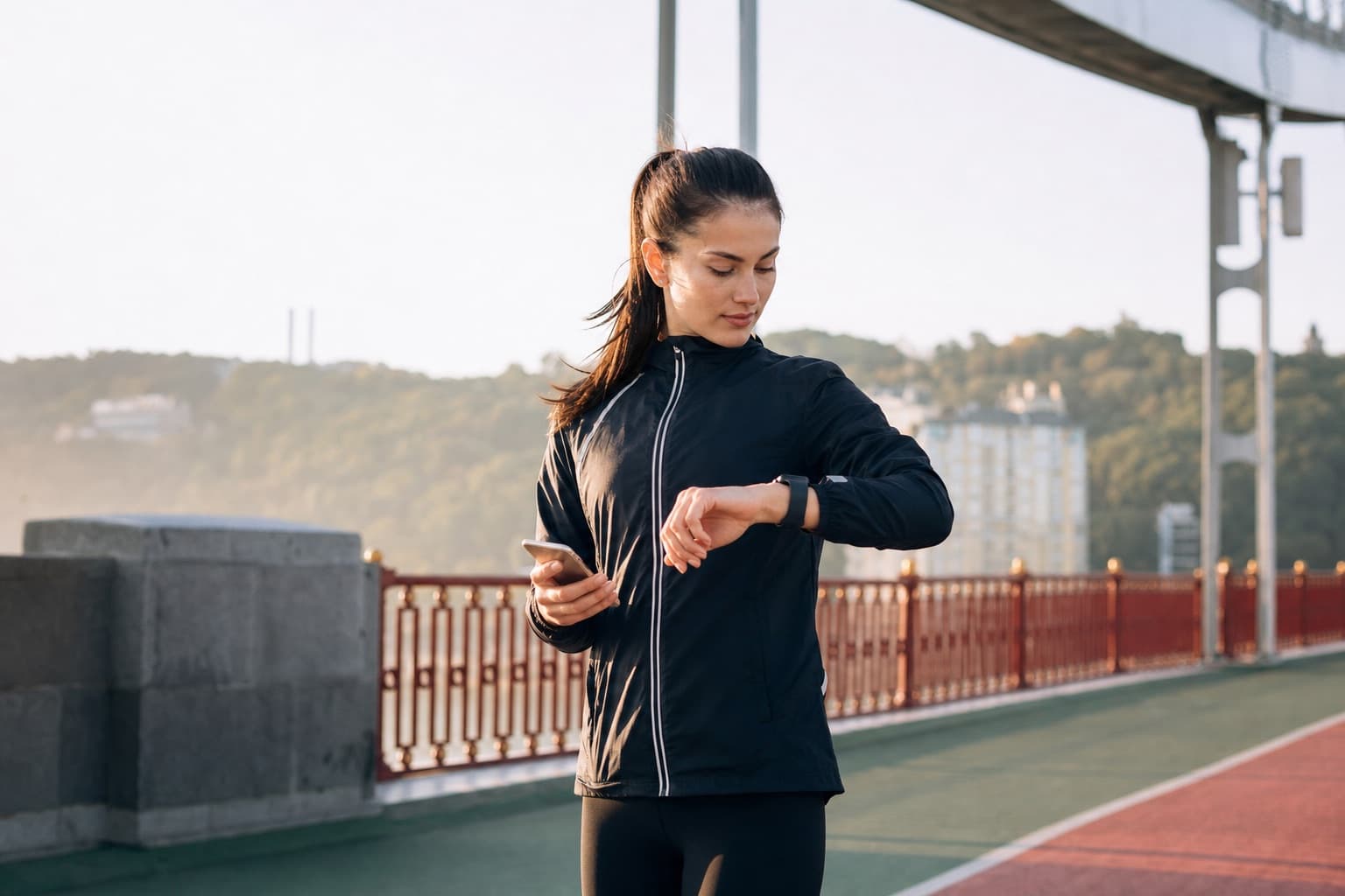 Runner holding a phone beside a GPS watch to sync recent runs.